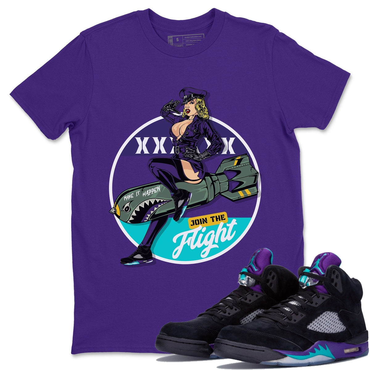 Jordan 5 Black Grape Sneaker Matching T-Shirt Pin Up Girl Sneaker Tees Jordan 5 Black Grape Sneaker Release Tees Crew Neck Tees
