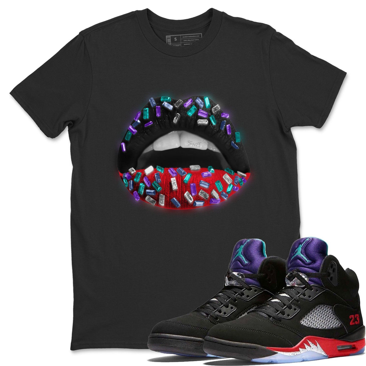 Jordan 5 Top 3 Sneaker Matching T-Shirt Lips Jewel Sneaker Tees Jordan 5 Top 3 Sneaker Release Tees Crew Neck Tees