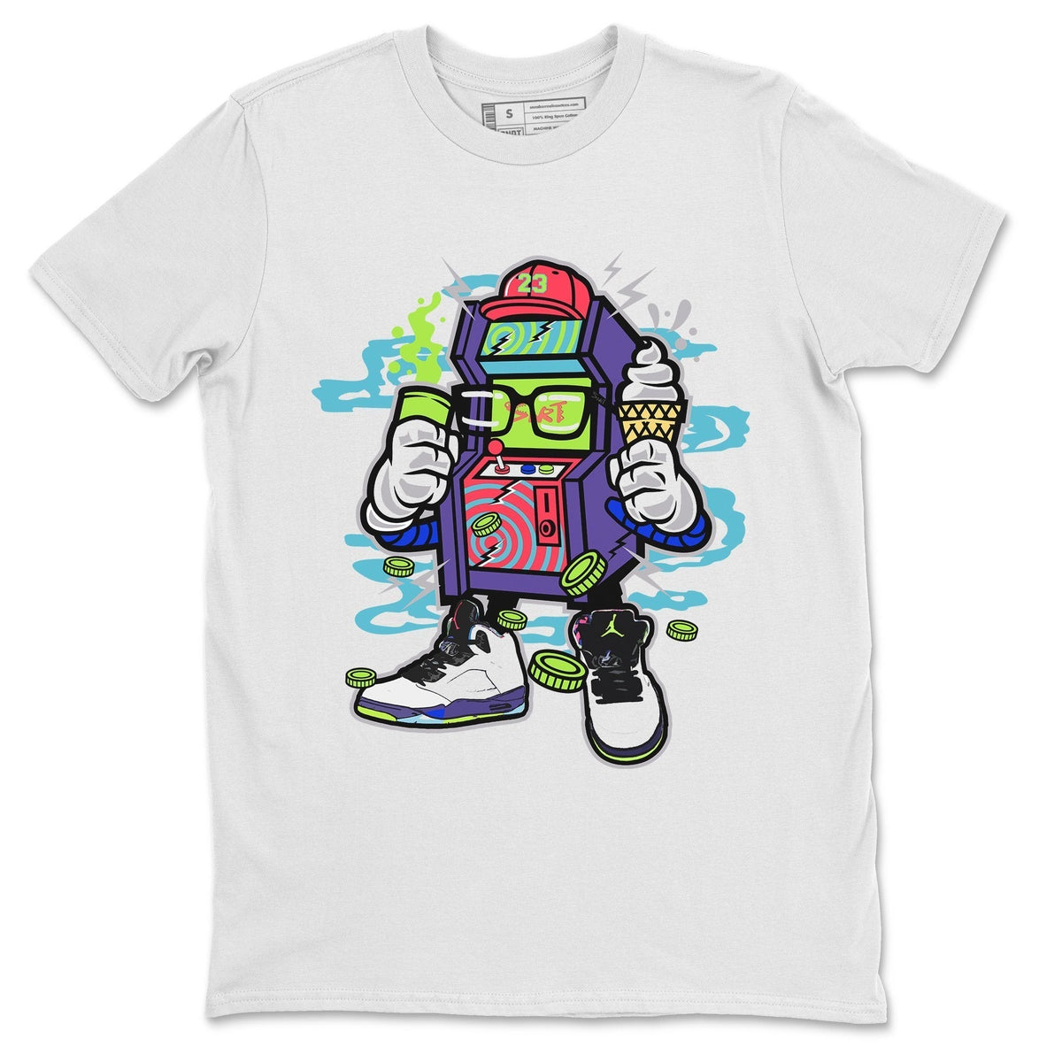 Jordan 5 Ghost Green Sneaker Matching T-Shirt Arcade Game Machine Sneaker Tees Jordan 5 Ghost Green Sneaker Release Tees Crew Neck Tees