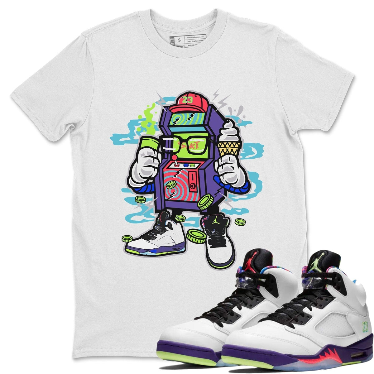 Jordan 5 Ghost Green Sneaker Matching T-Shirt Arcade Game Machine Sneaker Tees Jordan 5 Ghost Green Sneaker Release Tees Crew Neck Tees