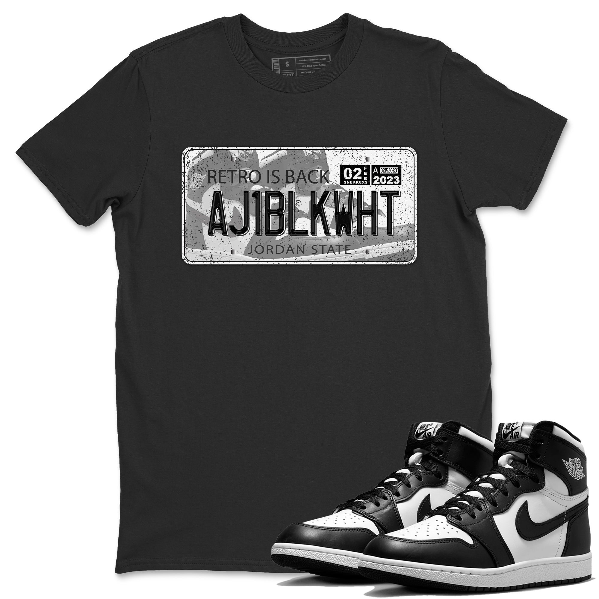 Air Jordan 1 Black White Sneaker Match Tees Jordan Plate Sneaker Tees Air Jordan 1 Black White Jordan to match sneaker T-Shirt Crew Neck Shirts