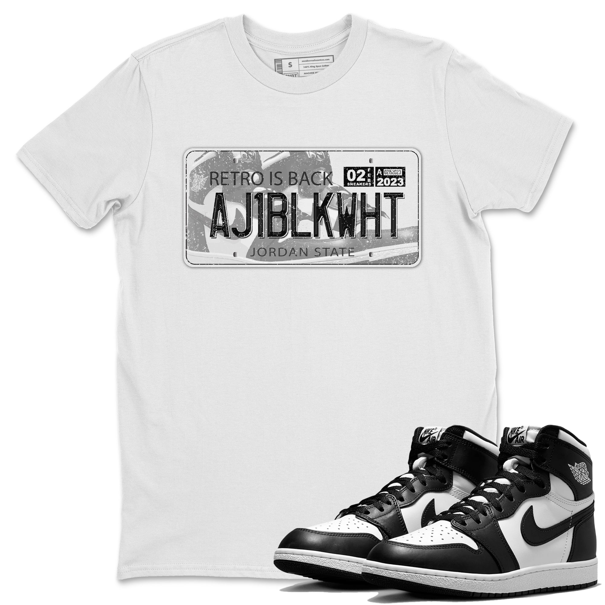 Air Jordan 1 Black White Sneaker Match Tees Jordan Plate Sneaker Tees Air Jordan 1 Black White Jordan to match sneaker T-Shirt Crew Neck Shirts