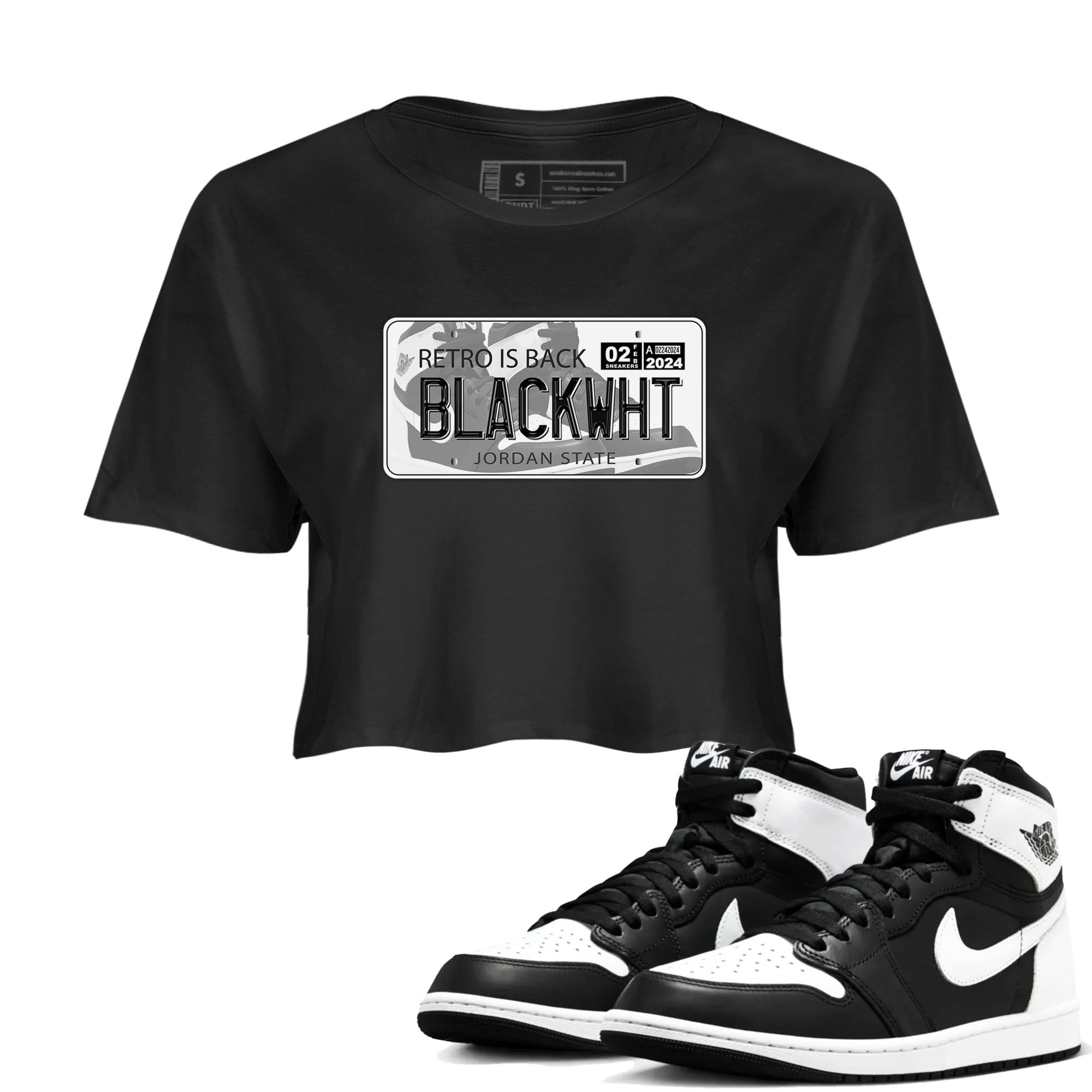 1s Black White shirt to match jordans Jordan Plate sneaker tees Air Jordan 1 Black White Drip Gear Zone Black 1 crop length shirt