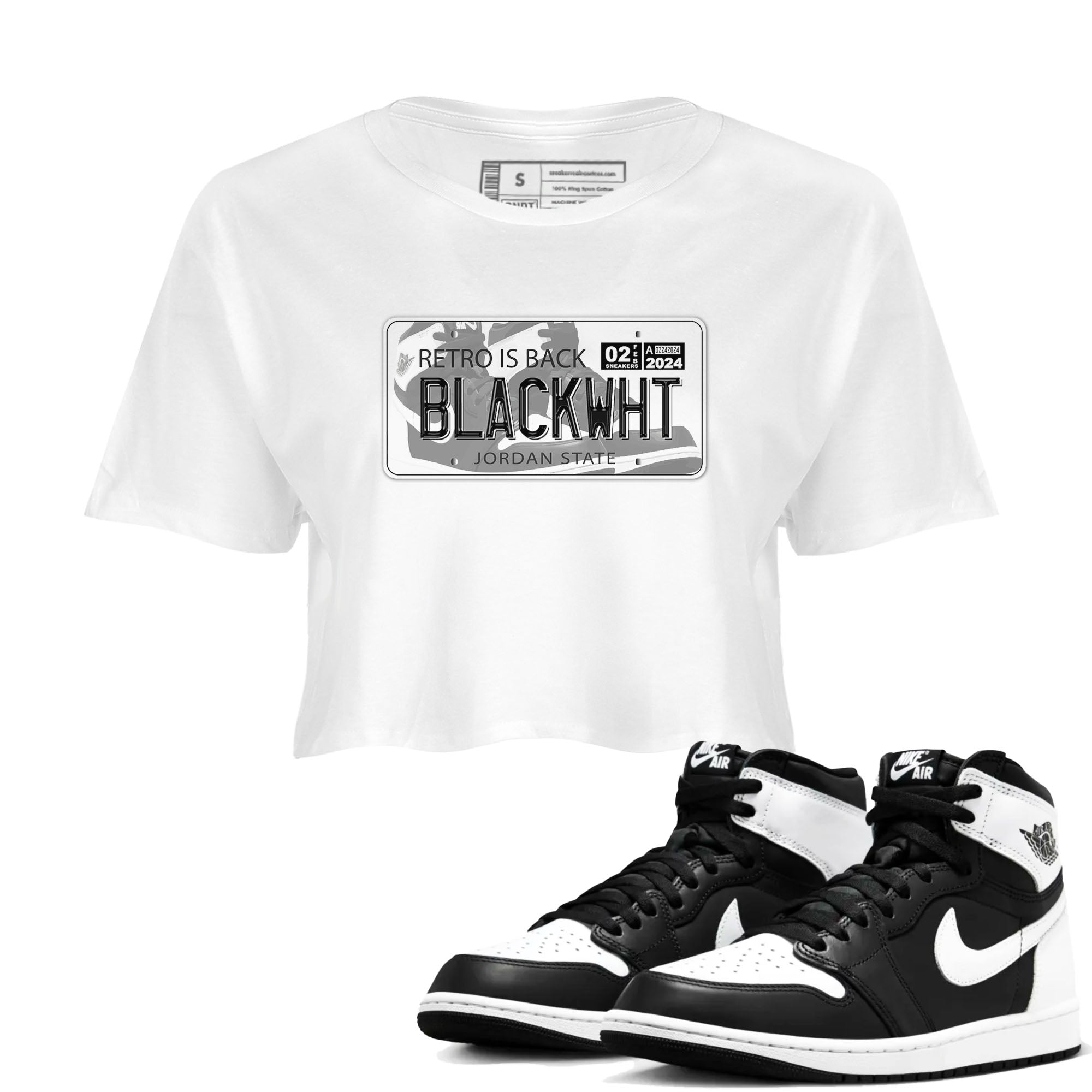 1s Black White shirt to match jordans Jordan Plate sneaker tees Air Jordan 1 Black White Drip Gear Zone White 1 crop length shirt