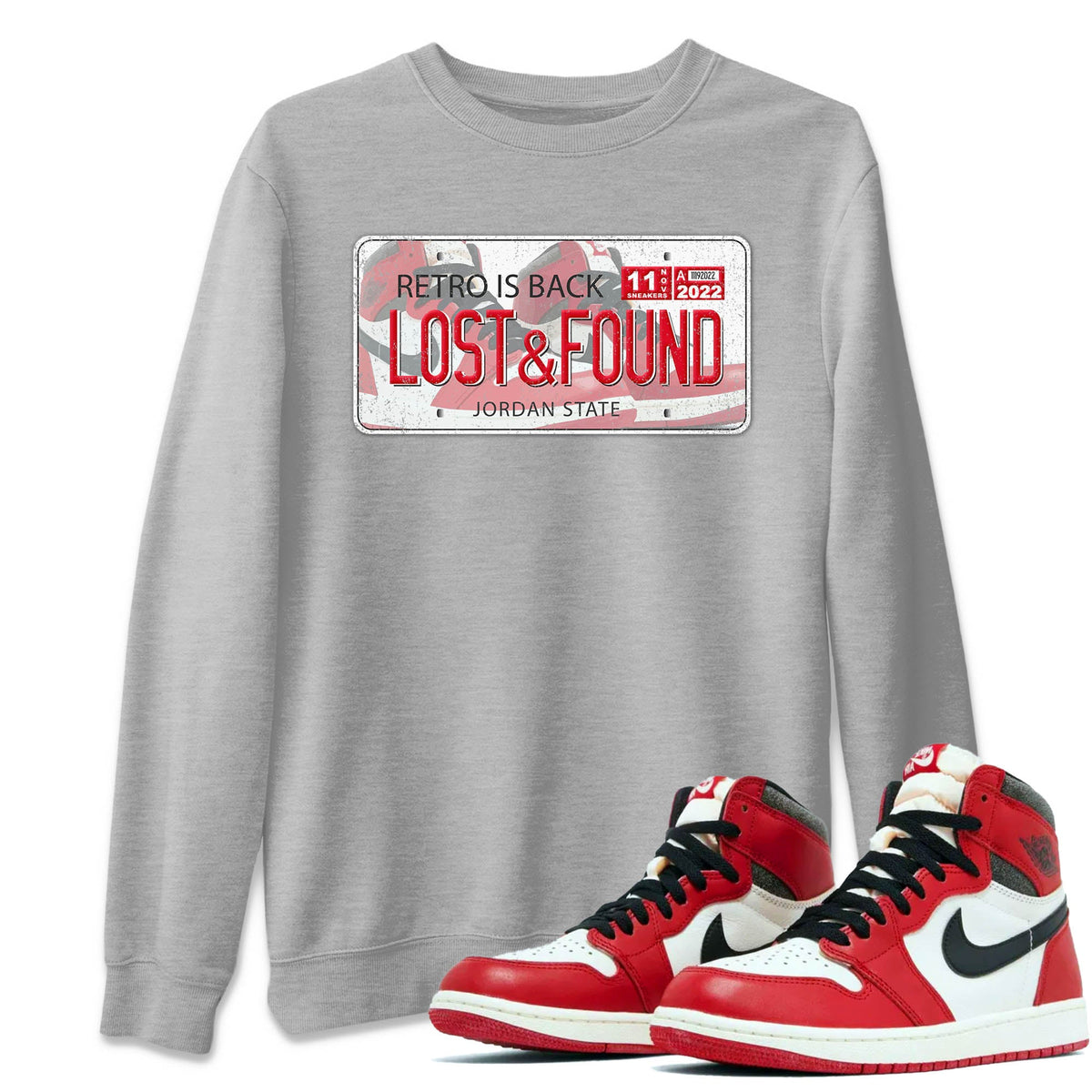 Jordan 1 lost & found Sneaker Matching T-Shirt Jordan Plate Sneaker Tees Jordan 1 lost & found Sneaker Release Tees Crew Neck Tees