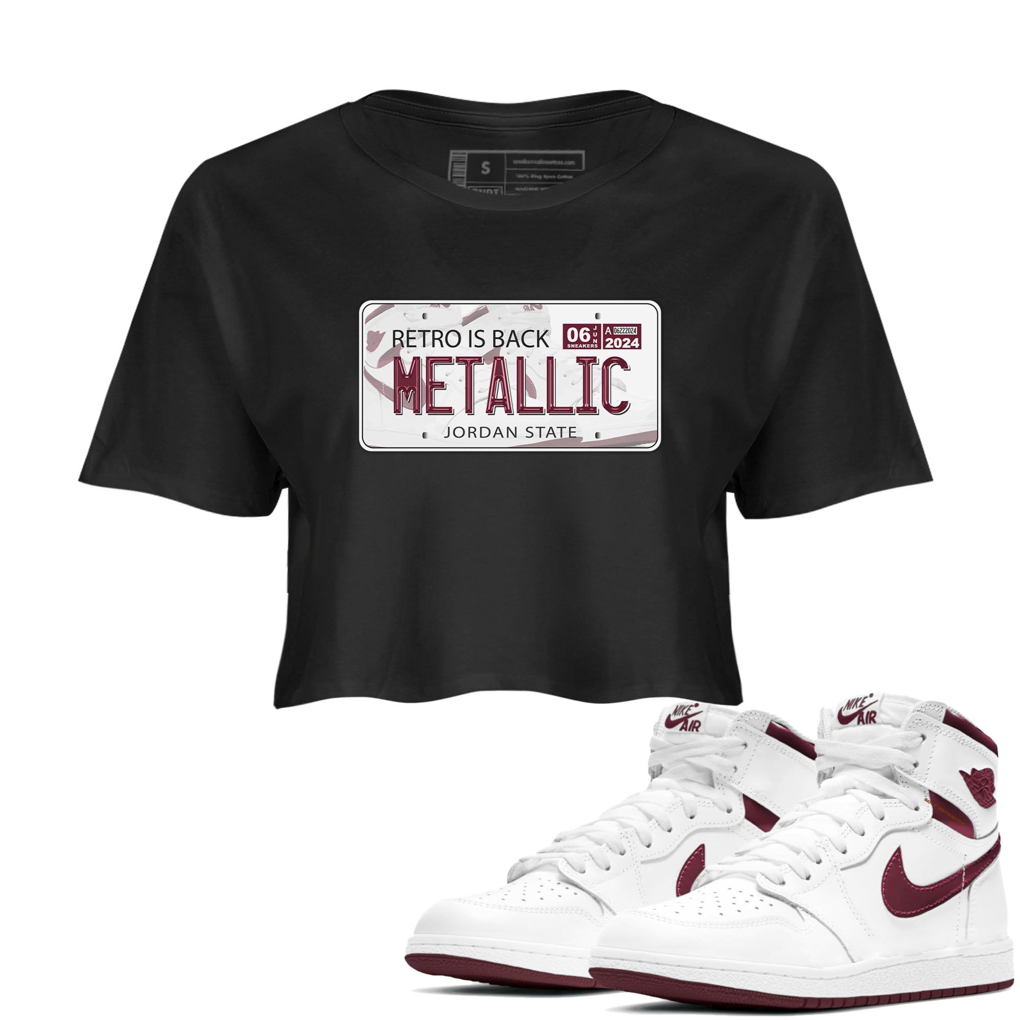 AJ1 Metalic Burgundy shirt to match jordans Jordan Plate sneaker tees Air Jordan 1 Metalic Burgundy Drip Gear Zone Black 1 crop length shirt