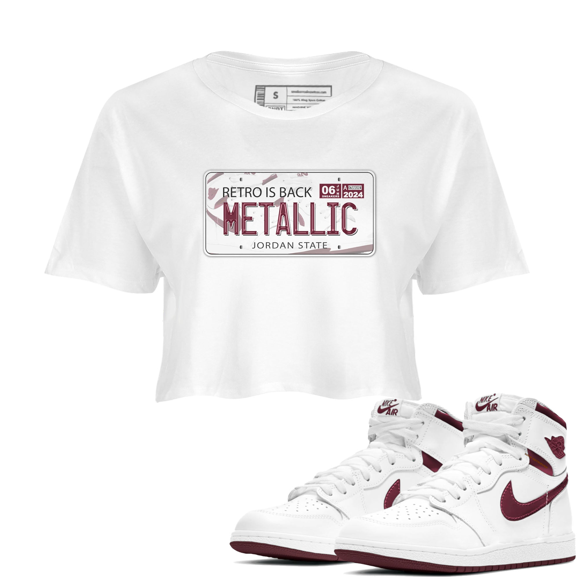 AJ1 Metalic Burgundy shirt to match jordans Jordan Plate sneaker tees Air Jordan 1 Metalic Burgundy Drip Gear Zone White 1 crop length shirt