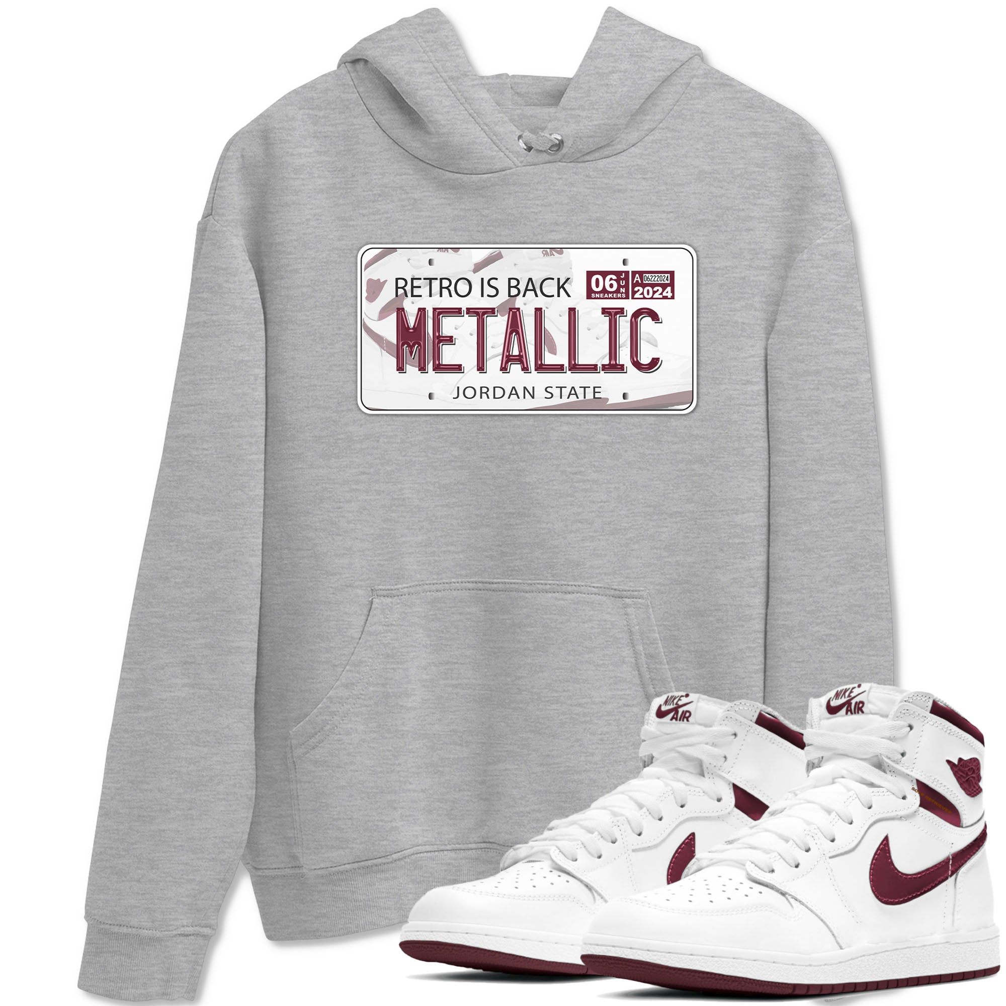 AJ1 Metalic Burgundy shirt to match jordans Jordan Plate sneaker tees Air Jordan 1 Metalic Burgundy Drip Gear Zone unisex cotton Heather Grey 1 crew neck shirt