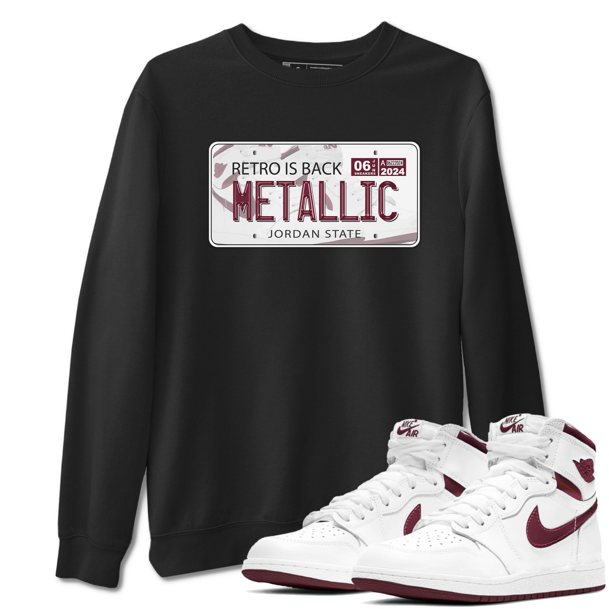 AJ1 Metalic Burgundy shirt to match jordans Jordan Plate sneaker tees Air Jordan 1 Metalic Burgundy Drip Gear Zone unisex cotton Black 1 crew neck shirt