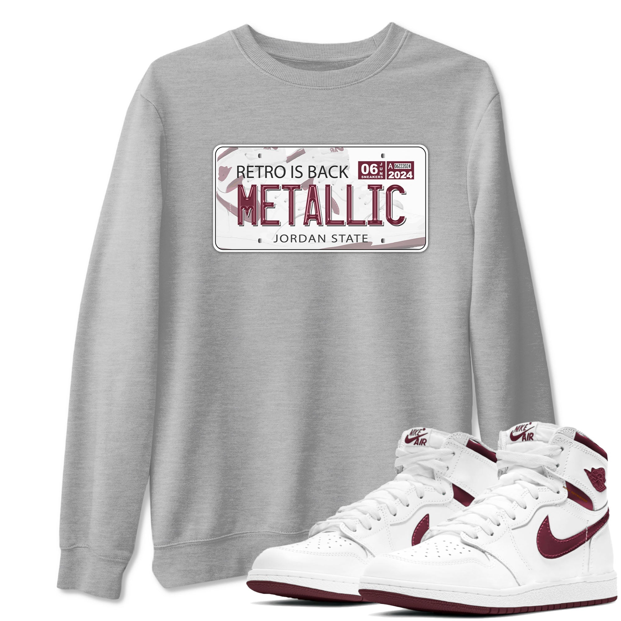 AJ1 Metalic Burgundy shirt to match jordans Jordan Plate sneaker tees Air Jordan 1 Metalic Burgundy Drip Gear Zone unisex cotton Heather Grey 1 crew neck shirt