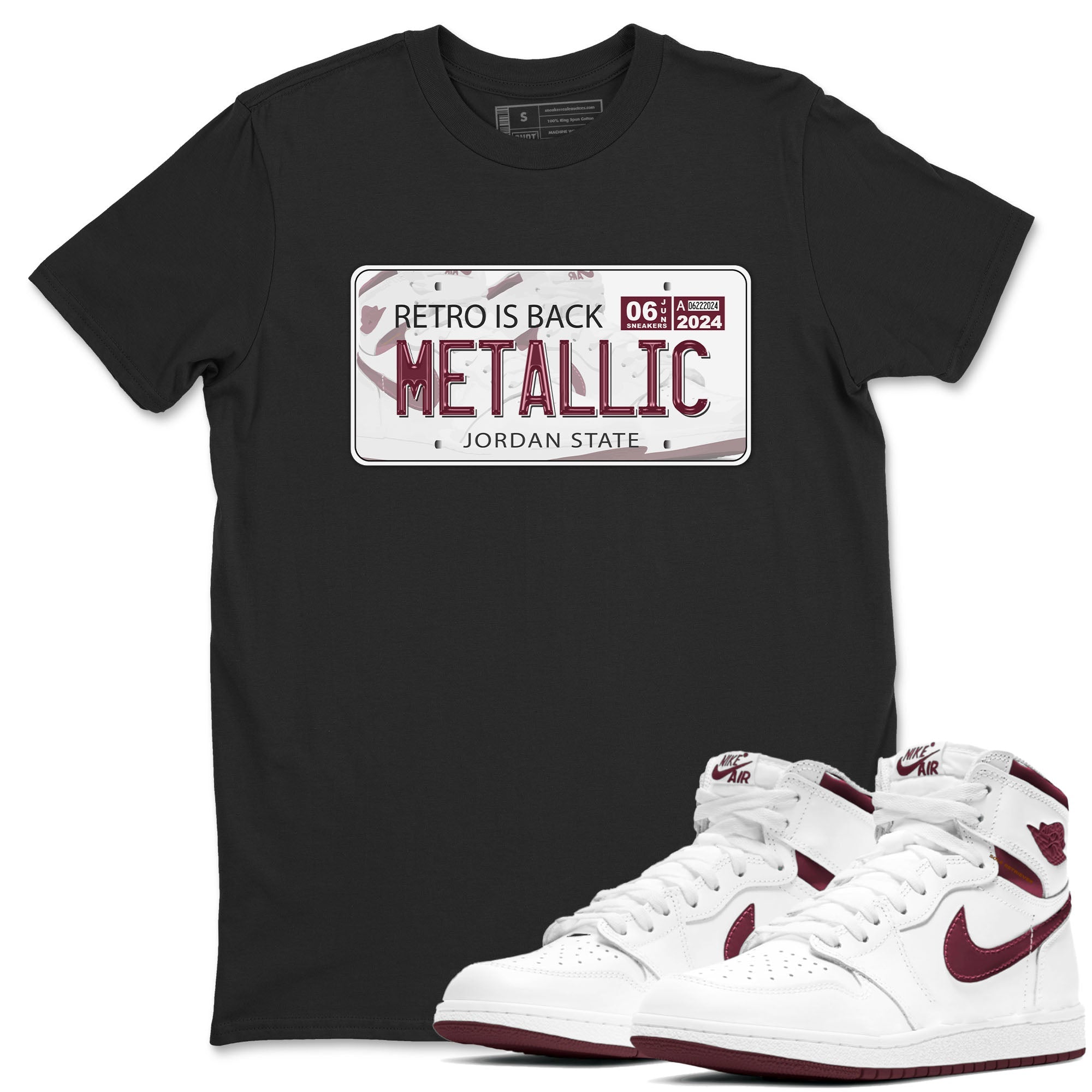 AJ1 Metalic Burgundy shirt to match jordans Jordan Plate sneaker tees Air Jordan 1 Metalic Burgundy Drip Gear Zone unisex cotton Black 1 crew neck shirt