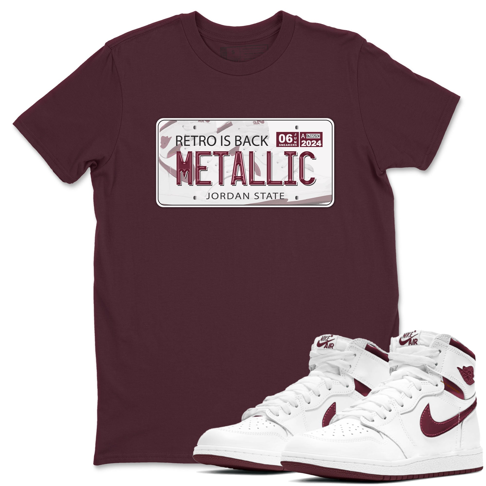 AJ1 Metalic Burgundy shirt to match jordans Jordan Plate sneaker tees Air Jordan 1 Metalic Burgundy Drip Gear Zone unisex cotton Maroon 1 crew neck shirt