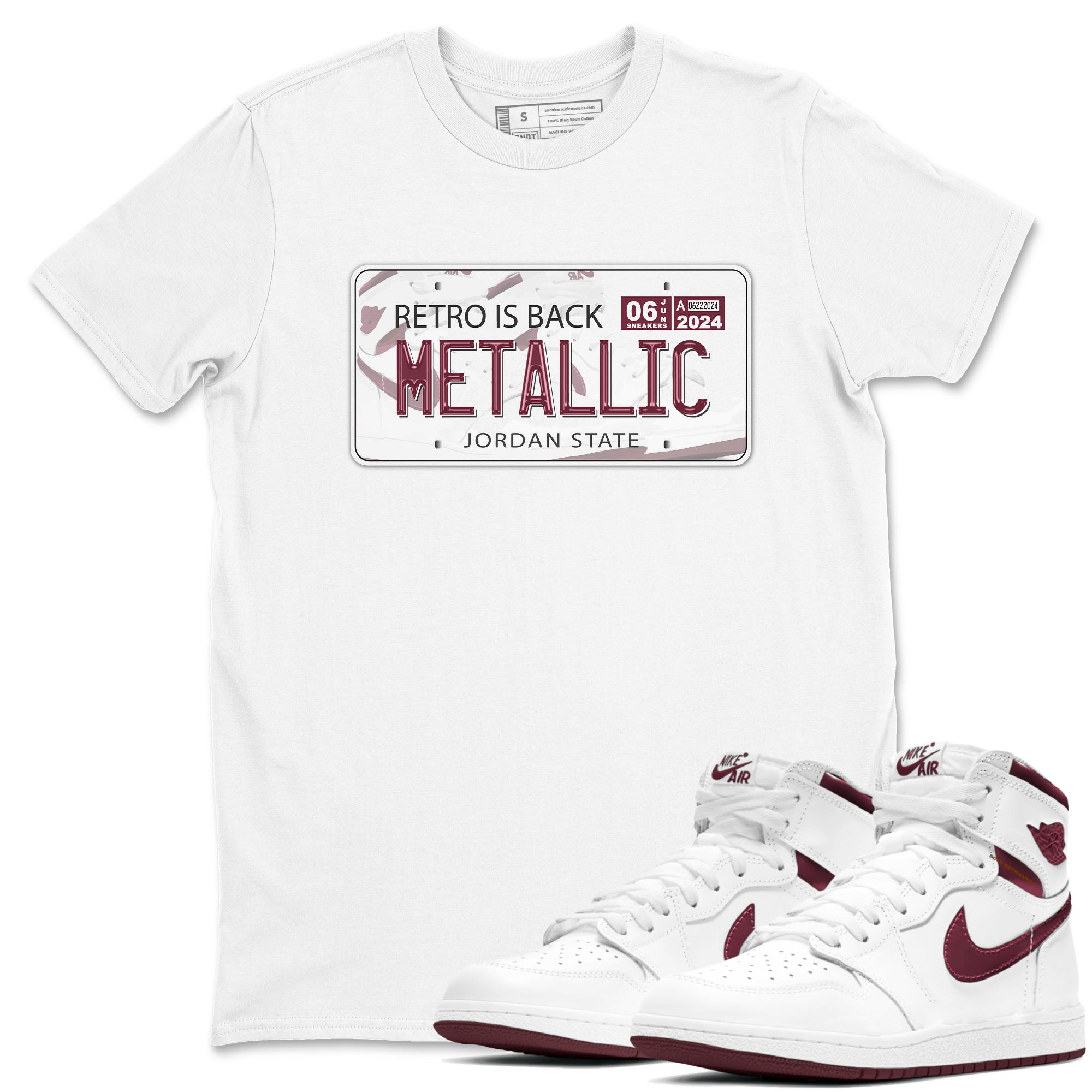 AJ1 Metalic Burgundy shirt to match jordans Jordan Plate sneaker tees Air Jordan 1 Metalic Burgundy Drip Gear Zone unisex cotton White 1 crew neck shirt