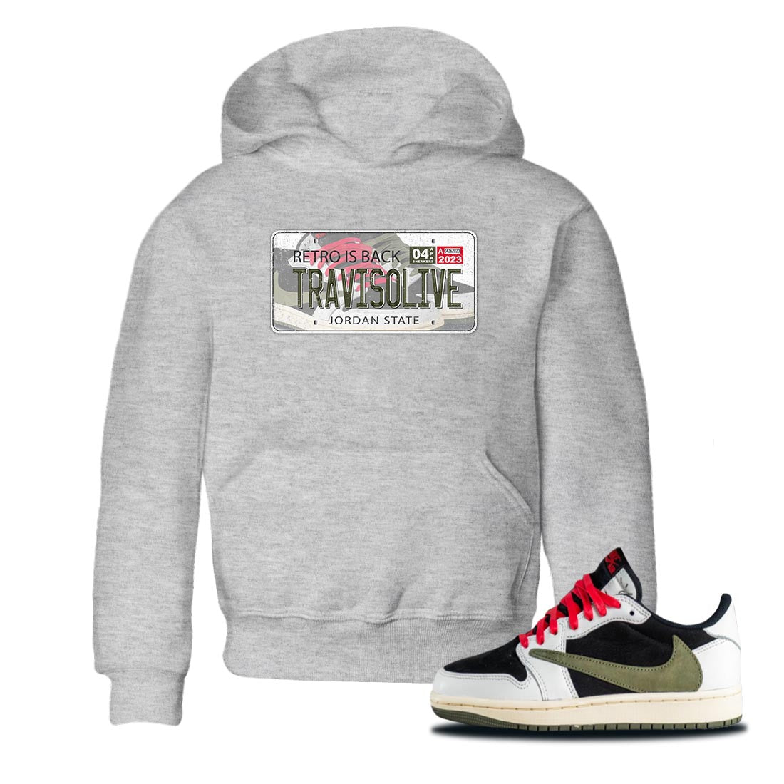 Air Jordan 1 Travis Scott Olive Sneaker Match Tees Jordan Plate Streetwear Sneaker Shirt AJ1 Travis Scott Olive Sneaker Release Tees Kids Shirts Heather Grey 1