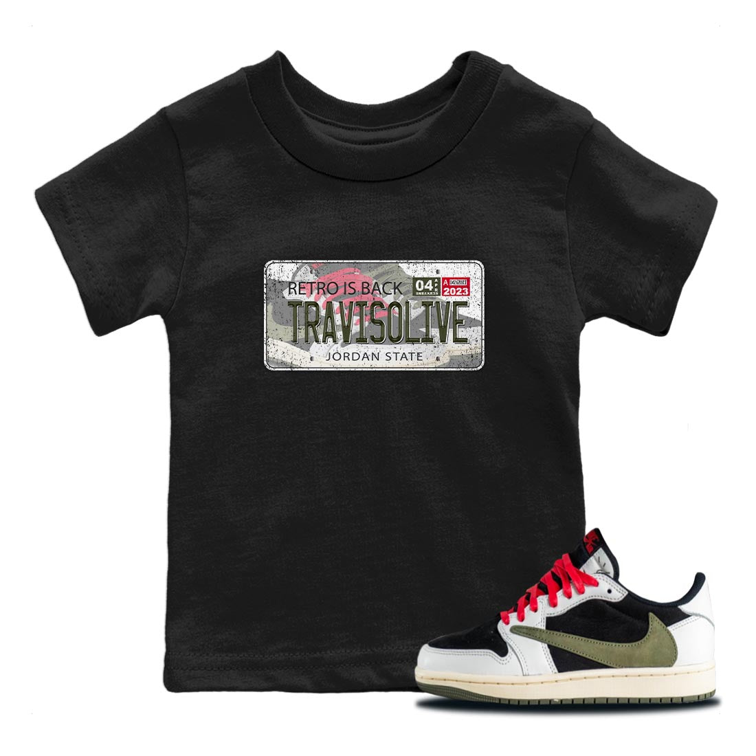 Air Jordan 1 Travis Scott Olive Sneaker Match Tees Jordan Plate Streetwear Sneaker Shirt AJ1 Travis Scott Olive Sneaker Release Tees Kids Shirts Black 1