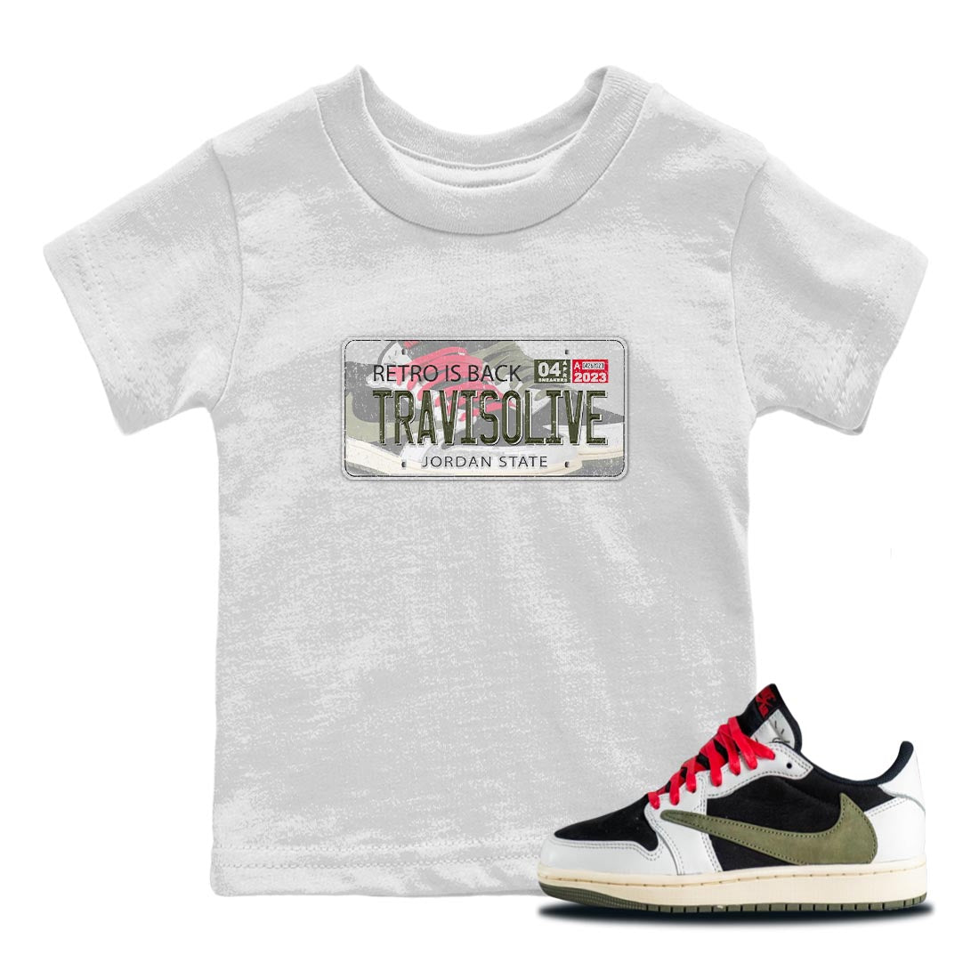 Air Jordan 1 Travis Scott Olive Sneaker Match Tees Jordan Plate Streetwear Sneaker Shirt AJ1 Travis Scott Olive Sneaker Release Tees Kids Shirts White 1