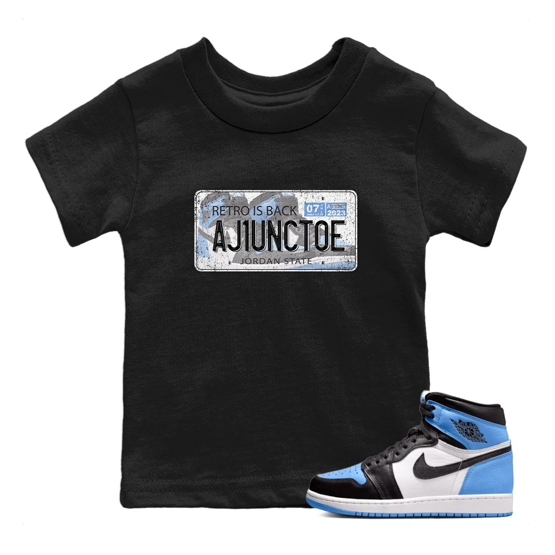 Air Jordan 1 Retro High OG University Blue shirt to match jordans Jordan Plate Streetwear Sneaker Shirt Air Jordan 1 UNC Toe Drip Gear Zone Sneaker Matching Clothing Baby Toddler Black 1 T-Shirt