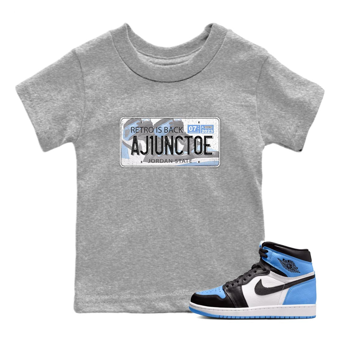 Air Jordan 1 Retro High OG University Blue shirt to match jordans Jordan Plate Streetwear Sneaker Shirt Air Jordan 1 UNC Toe Drip Gear Zone Sneaker Matching Clothing Baby Toddler Heather Grey 1 T-Shirt
