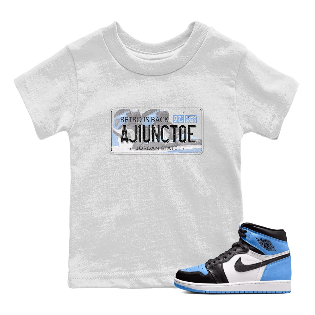 Air Jordan 1 Retro High OG University Blue shirt to match jordans Jordan Plate Streetwear Sneaker Shirt Air Jordan 1 UNC Toe Drip Gear Zone Sneaker Matching Clothing Baby Toddler White 1 T-Shirt