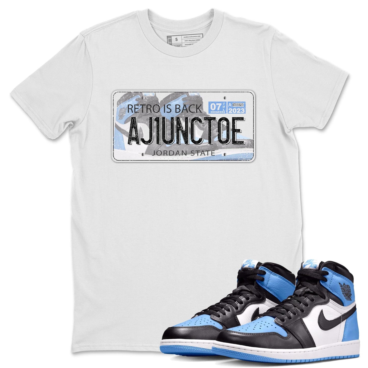 Air Jordan 1 Retro High OG University Blue shirt to match jordans Jordan Plate Streetwear Sneaker Shirt Air Jordan 1 UNC Toe Drip Gear Zone Sneaker Matching Clothing Unisex White 1 T-Shirt
