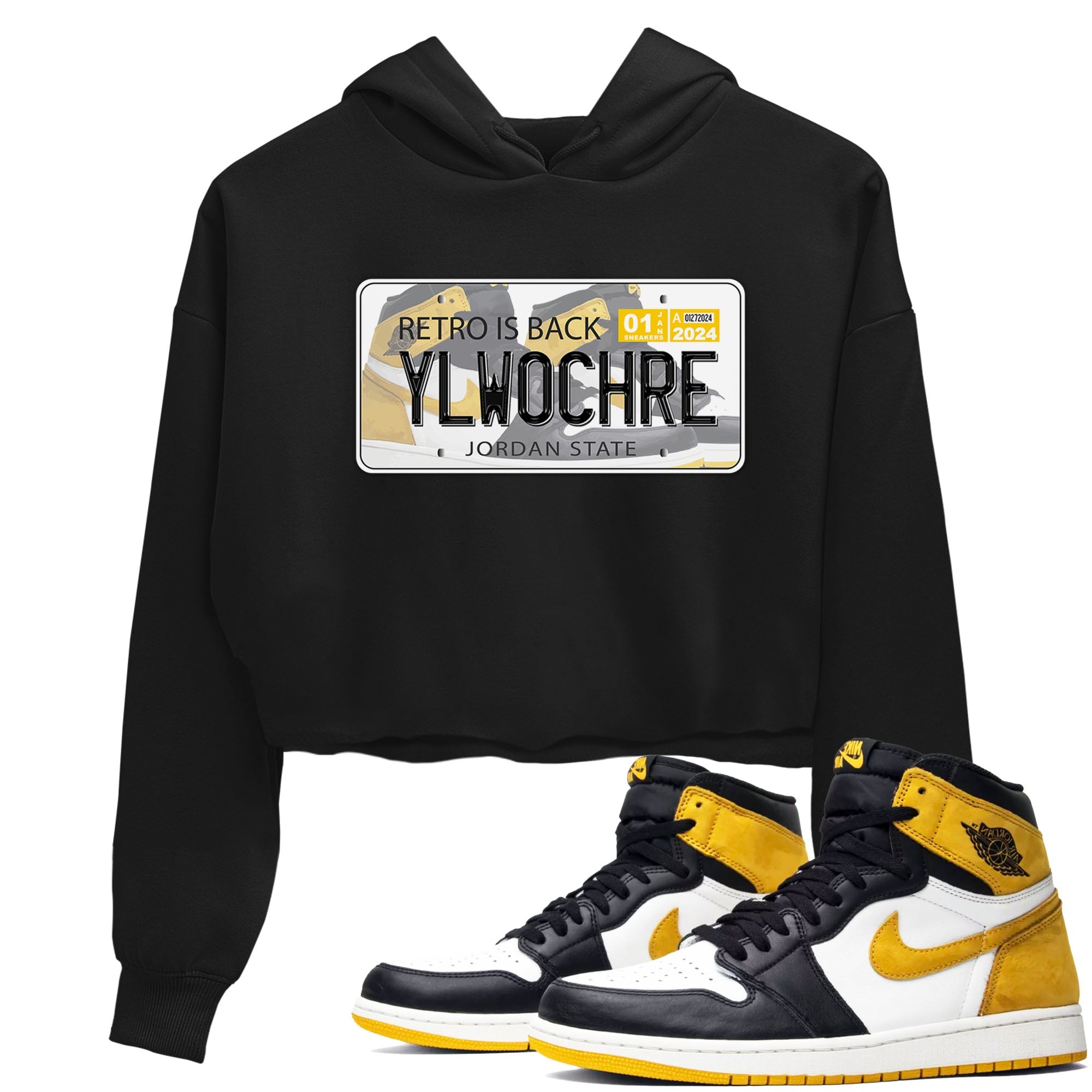 1s Yellow Ochre shirt to match jordans Jordan Plate sneaker tees Air Jordan 1 High OG Yellow Ochre Drip Gear Zone Black 1 crop length shirt
