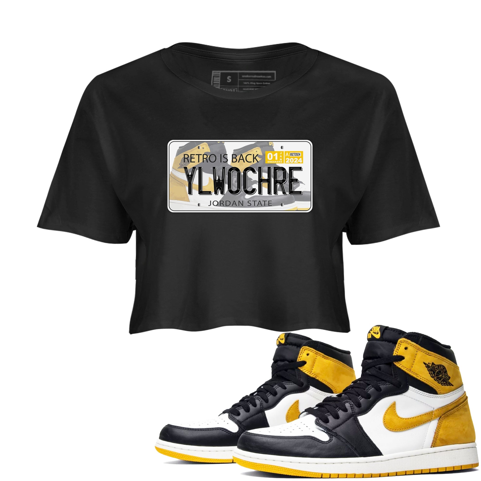 1s Yellow Ochre shirt to match jordans Jordan Plate sneaker tees Air Jordan 1 High OG Yellow Ochre Drip Gear Zone Black 1 crop length shirt