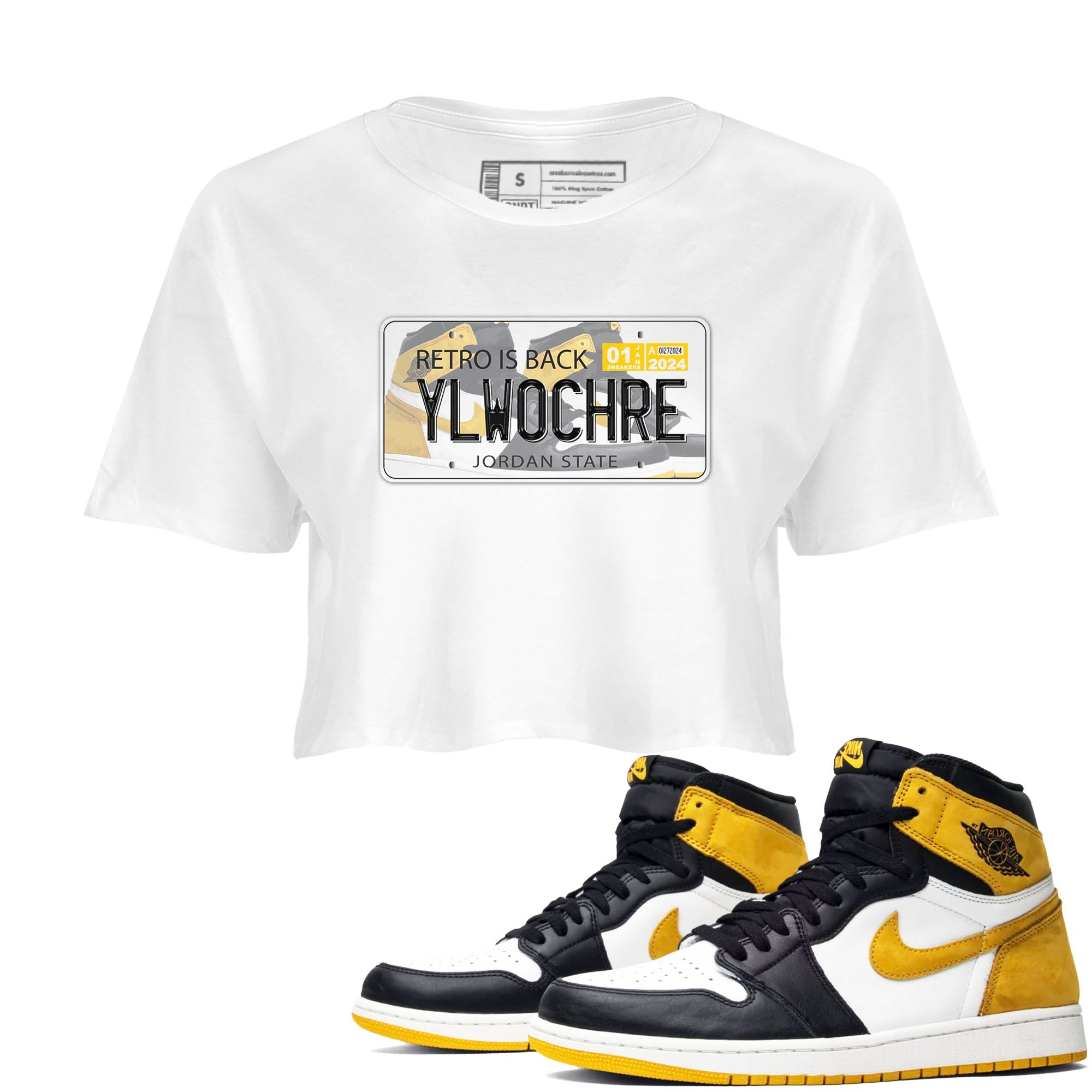 1s Yellow Ochre shirt to match jordans Jordan Plate sneaker tees Air Jordan 1 High OG Yellow Ochre Drip Gear Zone White 1 crop length shirt