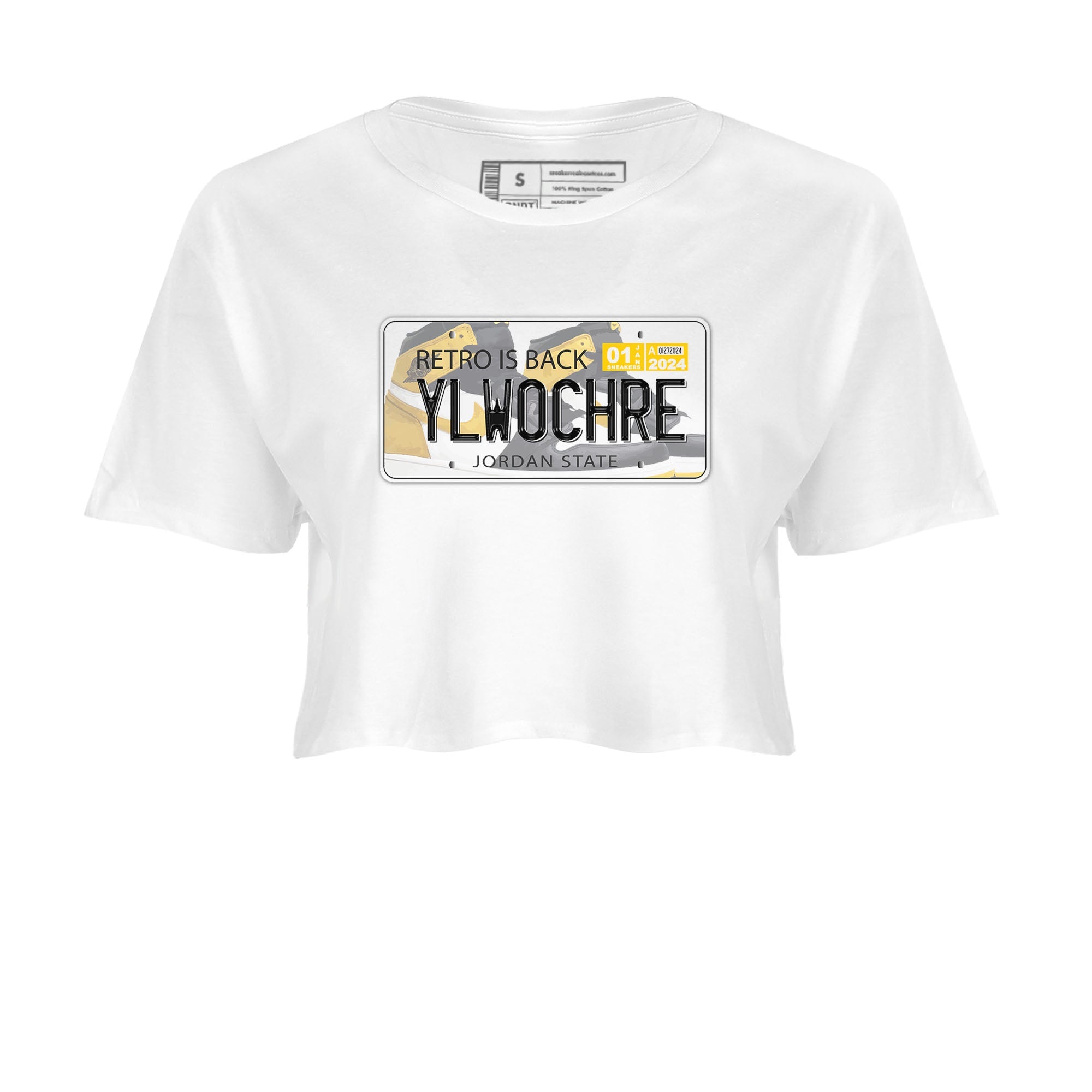 1s Yellow Ochre shirt to match jordans Jordan Plate sneaker tees Air Jordan 1 High OG Yellow Ochre Drip Gear Zone White 2 crop length shirt