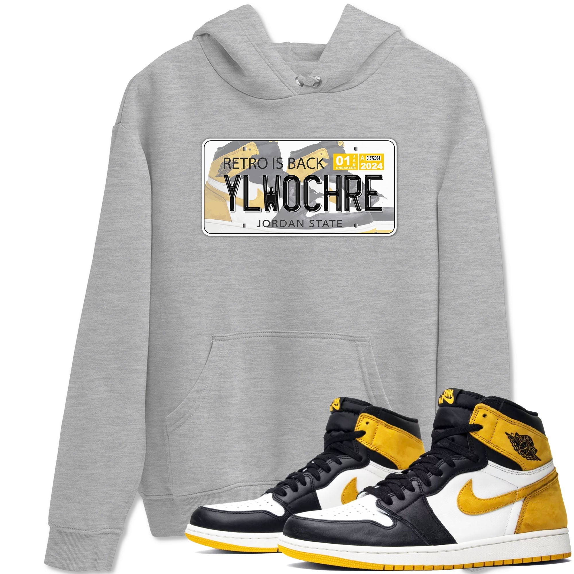 1s Yellow Ochre shirt to match jordans Jordan Plate sneaker tees Air Jordan 1 High OG Yellow Ochre Drip Gear Zone unisex cotton Heather Grey 1 crew neck shirt