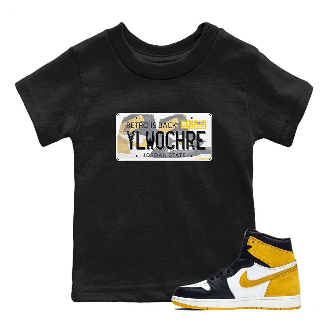 1s Yellow Ochre shirt to match jordans Jordan Plate sneaker tees Air Jordan 1 High OG Yellow Ochre Drip Gear Zone baby toddler Black 1 cotton Shirt