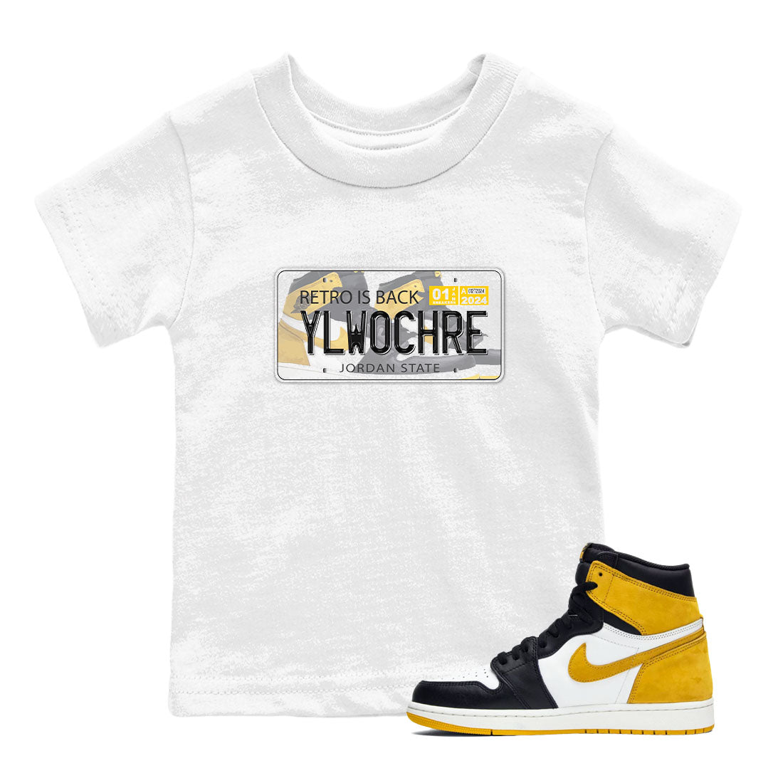1s Yellow Ochre shirt to match jordans Jordan Plate sneaker tees Air Jordan 1 High OG Yellow Ochre Drip Gear Zone baby toddler White 1 cotton Shirt