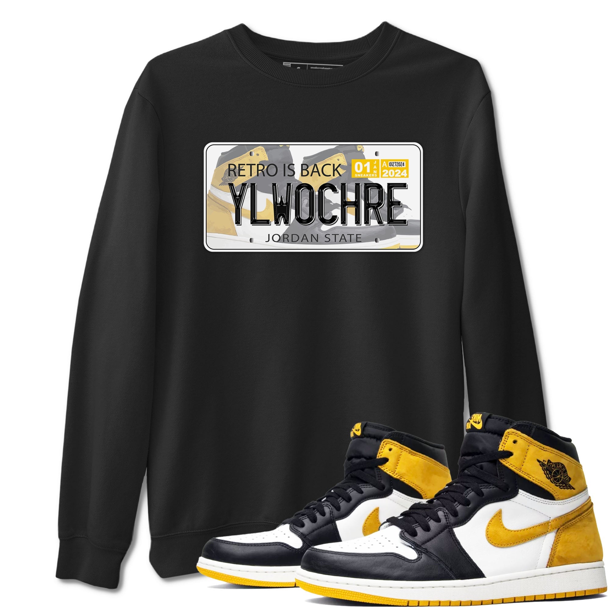1s Yellow Ochre shirt to match jordans Jordan Plate sneaker tees Air Jordan 1 High OG Yellow Ochre Drip Gear Zone unisex cotton Black 1 crew neck shirt