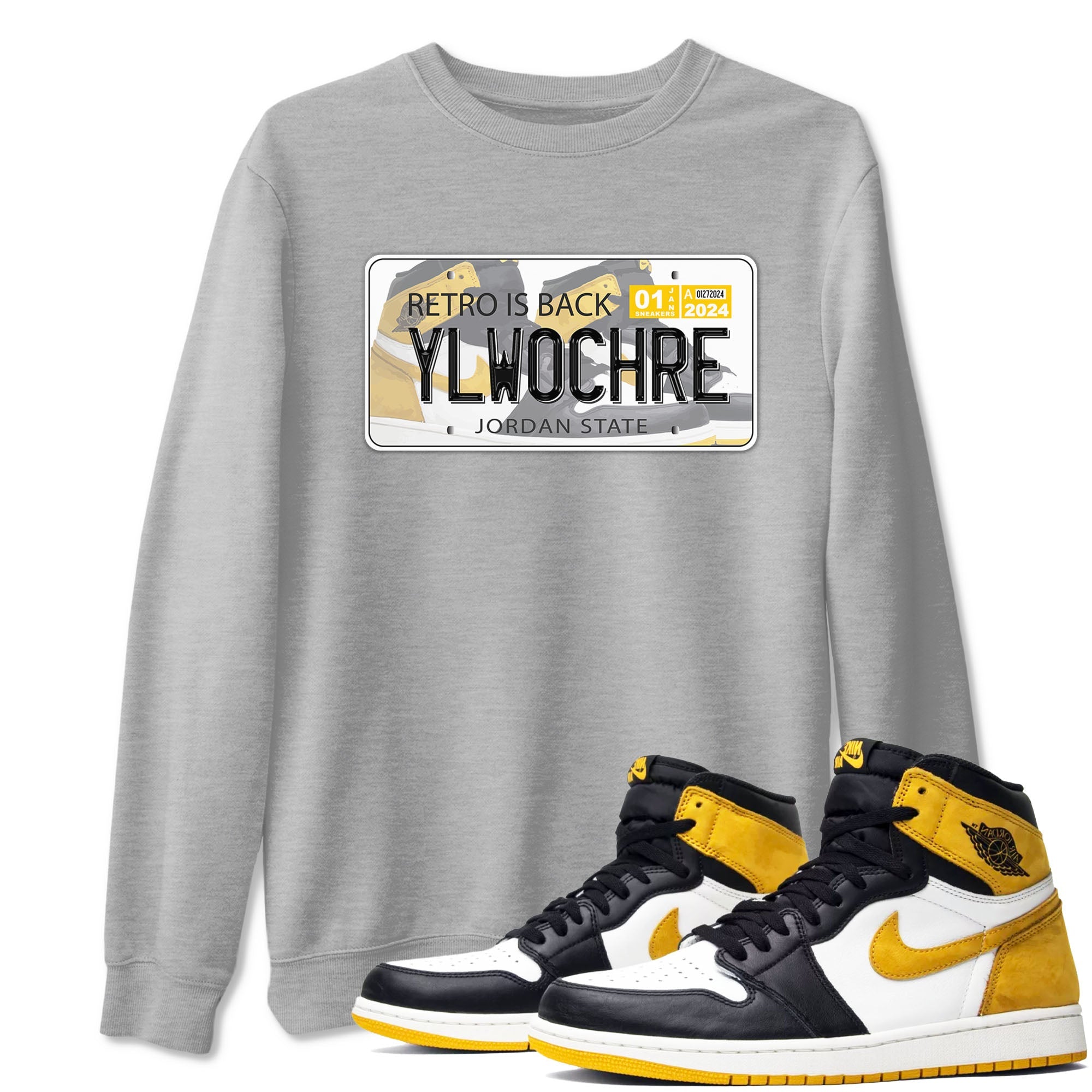 1s Yellow Ochre shirt to match jordans Jordan Plate sneaker tees Air Jordan 1 High OG Yellow Ochre Drip Gear Zone unisex cotton Heather Grey 1 crew neck shirt