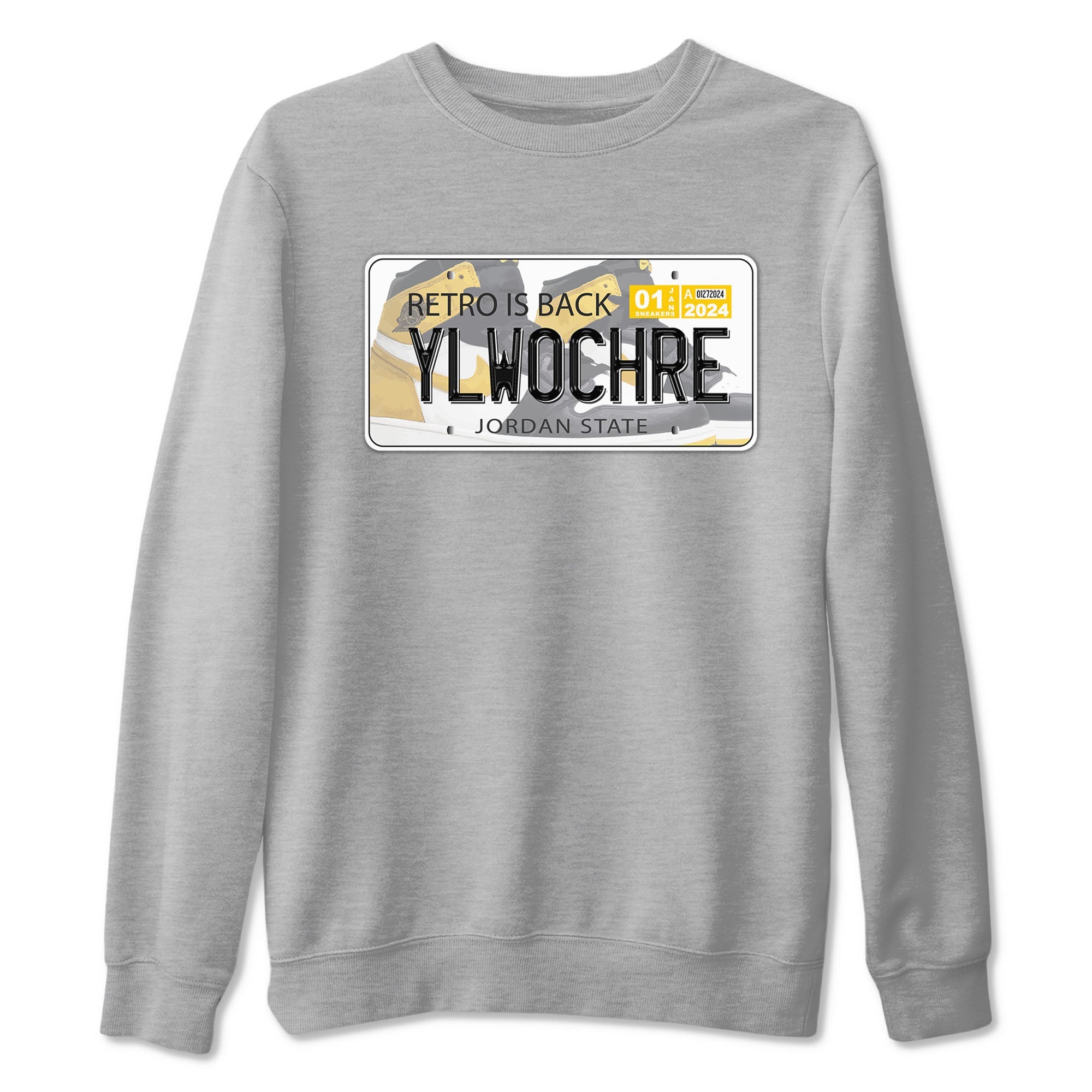 1s Yellow Ochre shirt to match jordans Jordan Plate sneaker tees Air Jordan 1 High OG Yellow Ochre Drip Gear Zone unisex cotton Heather Grey 2 crew neck shirt