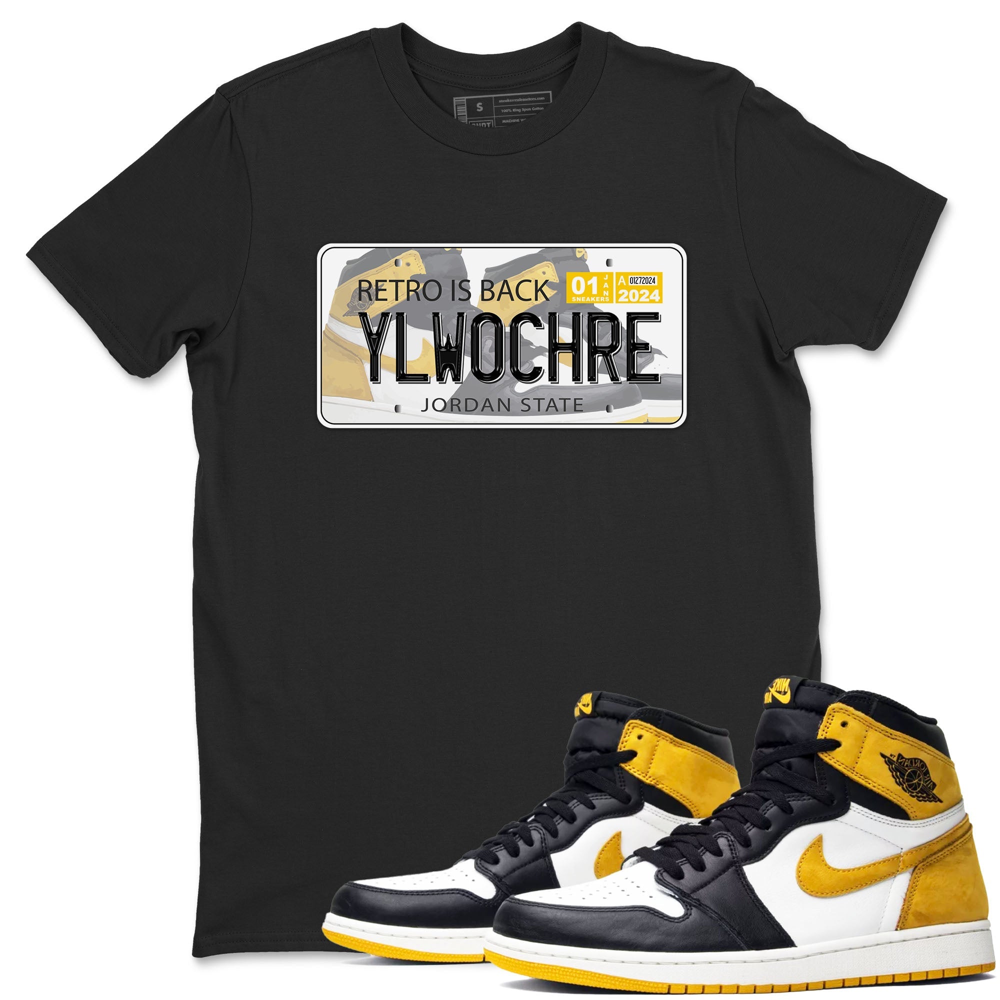 1s Yellow Ochre shirt to match jordans Jordan Plate sneaker tees Air Jordan 1 High OG Yellow Ochre Drip Gear Zone unisex cotton Black 1 crew neck shirt
