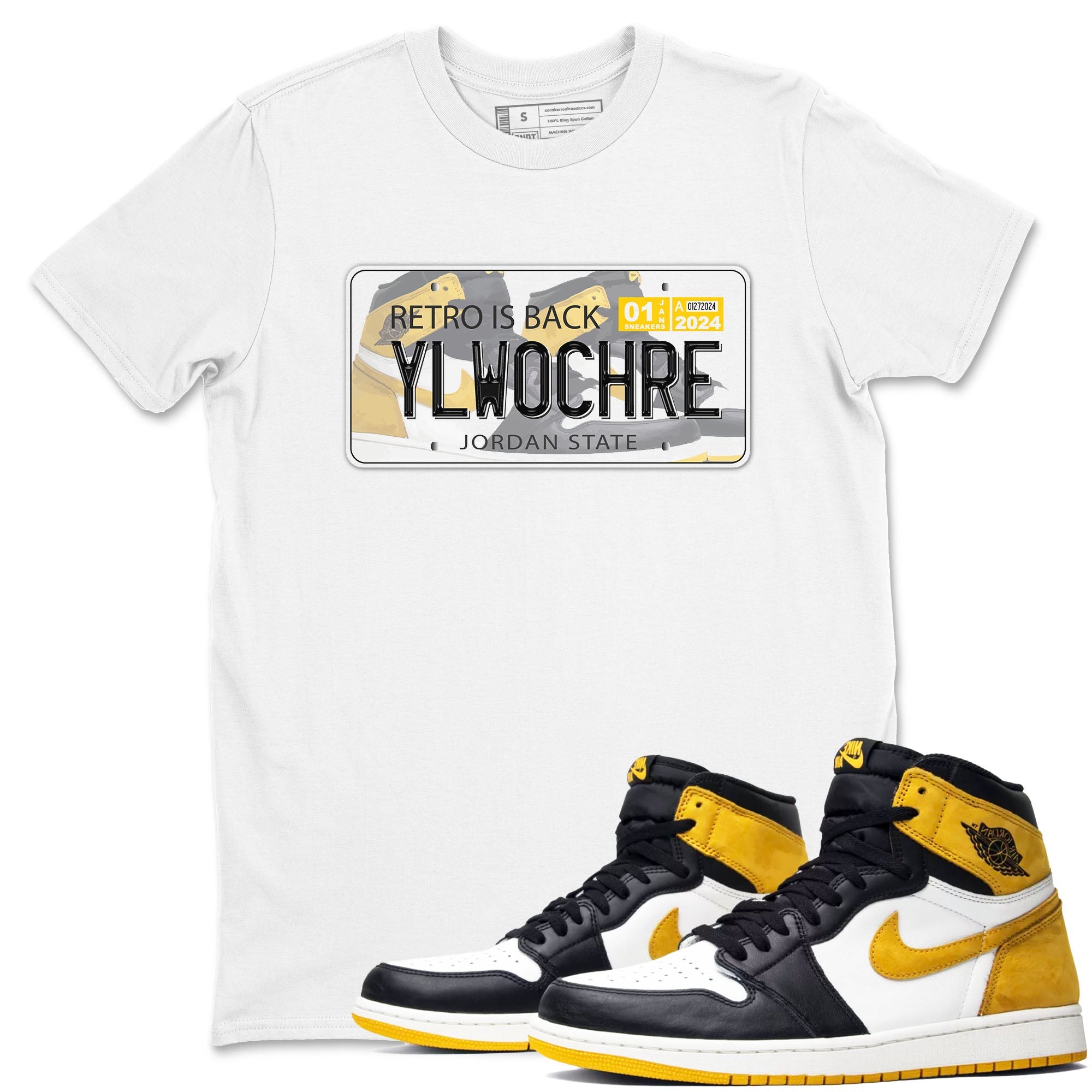 1s Yellow Ochre shirt to match jordans Jordan Plate sneaker tees Air Jordan 1 High OG Yellow Ochre Drip Gear Zone unisex cotton White 1 crew neck shirt