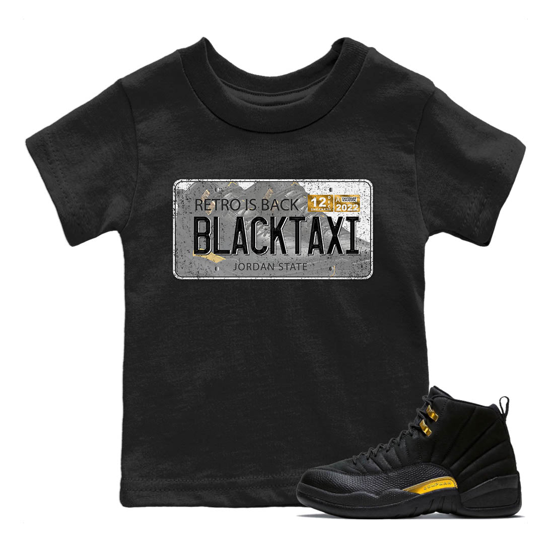 Jordan 12 Black Taxi Sneaker Matching T-Shirt Jordan Plate Sneaker Tees Jordan 12 Black Taxi Sneaker Release Tees Kids Shirts