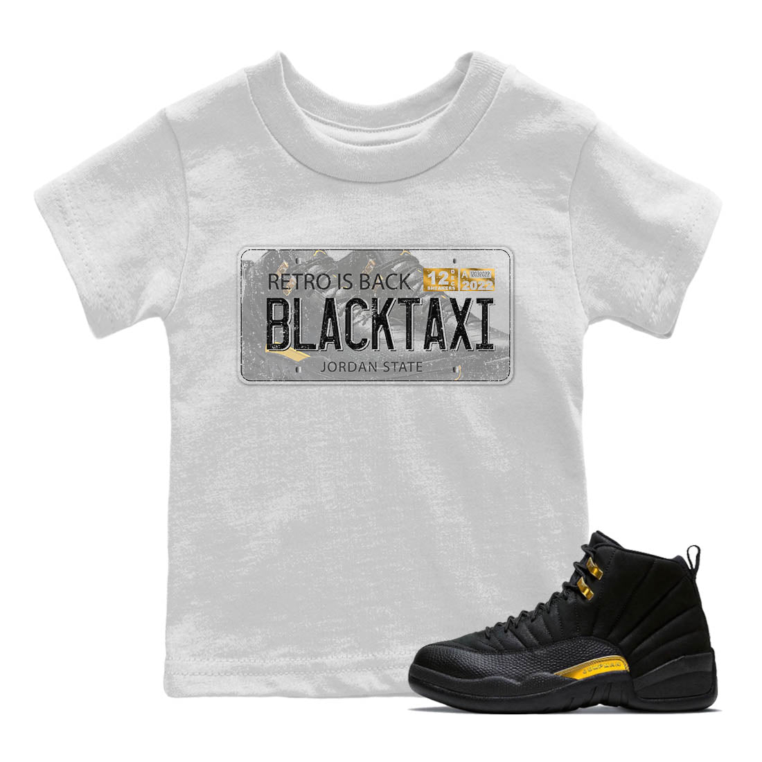 Jordan 12 Black Taxi Sneaker Matching T-Shirt Jordan Plate Sneaker Tees Jordan 12 Black Taxi Sneaker Release Tees Kids Shirts