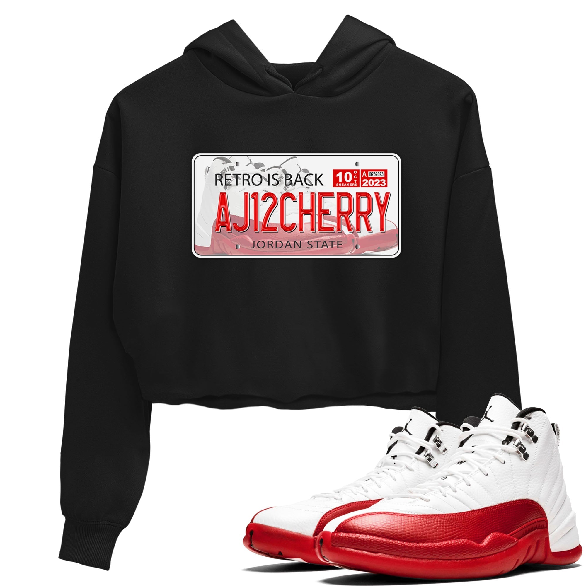 Jordan 12 Retro Cherry shirt to match jordans Varsity Red Jordan Plate special sneaker matching tees 12s Cherry Drip Gear Zone Black 1 Crop T-Shirt
