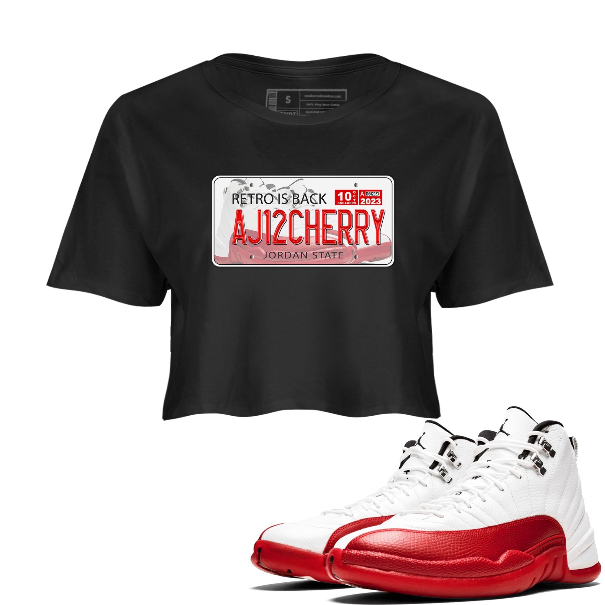 Jordan 12 Retro Cherry shirt to match jordans Varsity Red Jordan Plate special sneaker matching tees 12s Cherry Drip Gear Zone Black 1 Crop T-Shirt