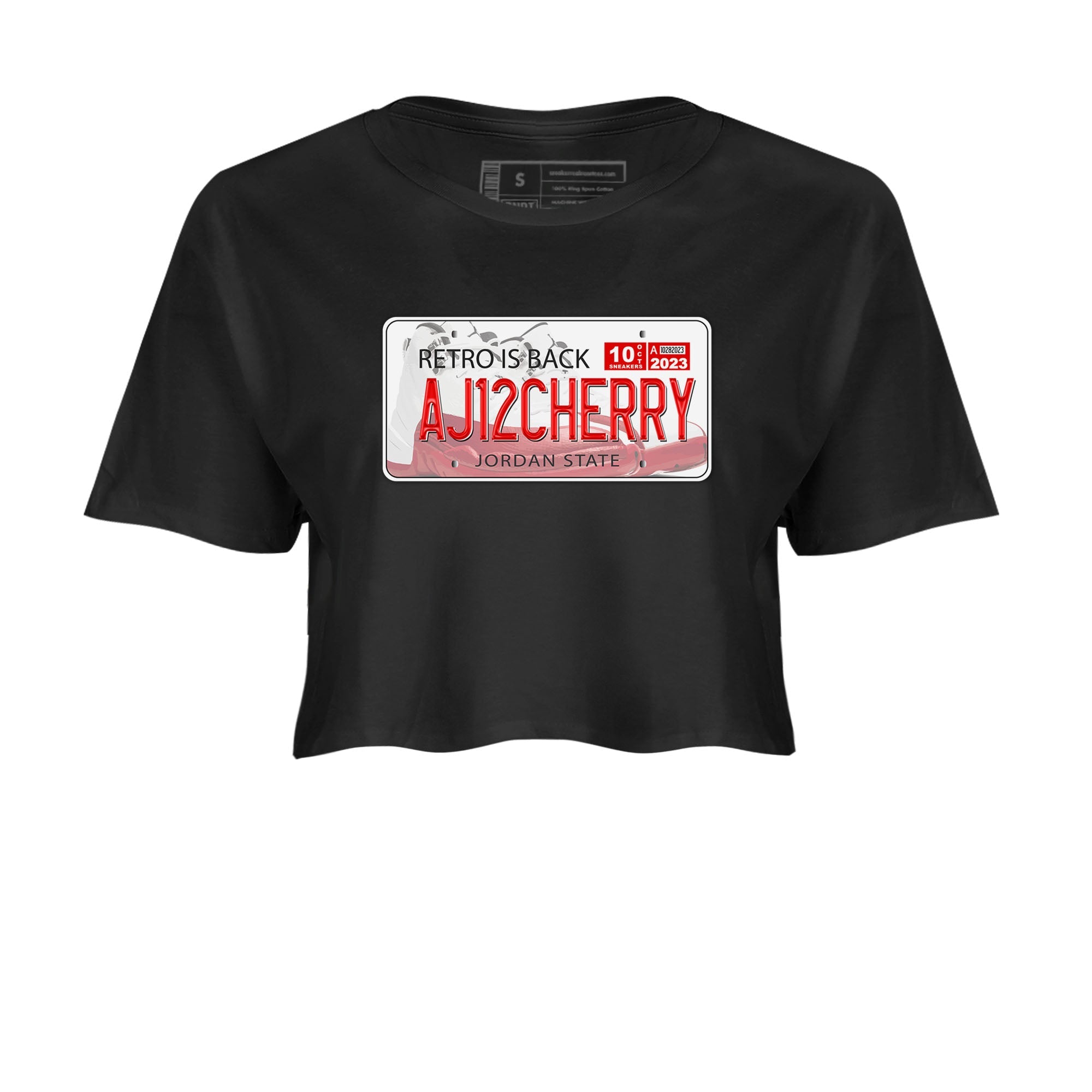Jordan 12 Retro Cherry shirt to match jordans Varsity Red Jordan Plate special sneaker matching tees 12s Cherry Drip Gear Zone Black 2 Crop T-Shirt