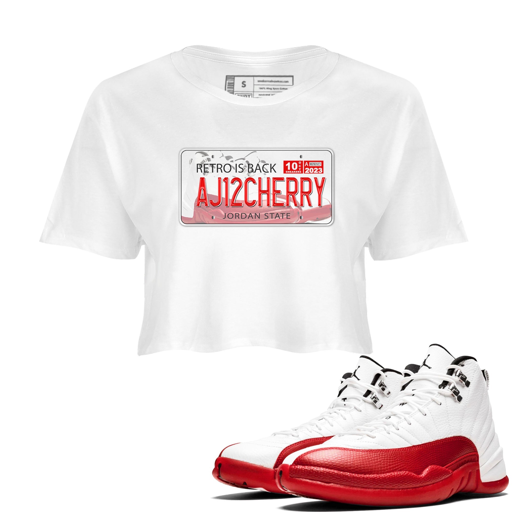 Jordan 12 Retro Cherry shirt to match jordans Varsity Red Jordan Plate special sneaker matching tees 12s Cherry Drip Gear Zone White 1 Crop T-Shirt