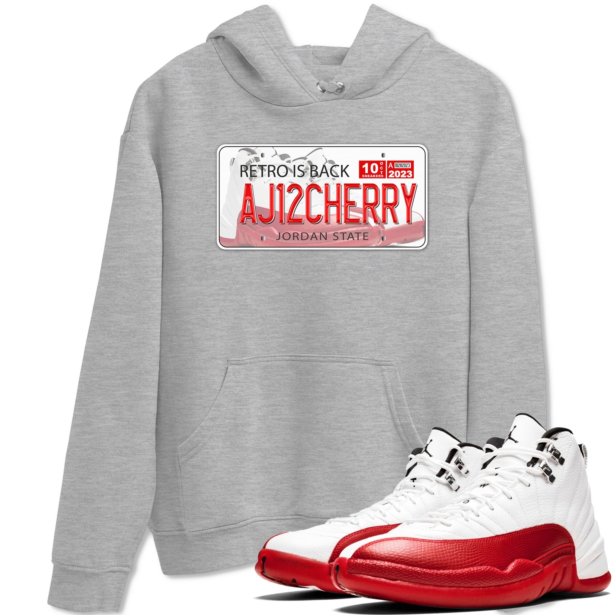 Jordan 12 Retro Cherry shirt to match jordans Varsity Red Jordan Plate special sneaker matching tees 12s Cherry Drip Gear Zone Unisex Heather Grey 1 T-Shirt