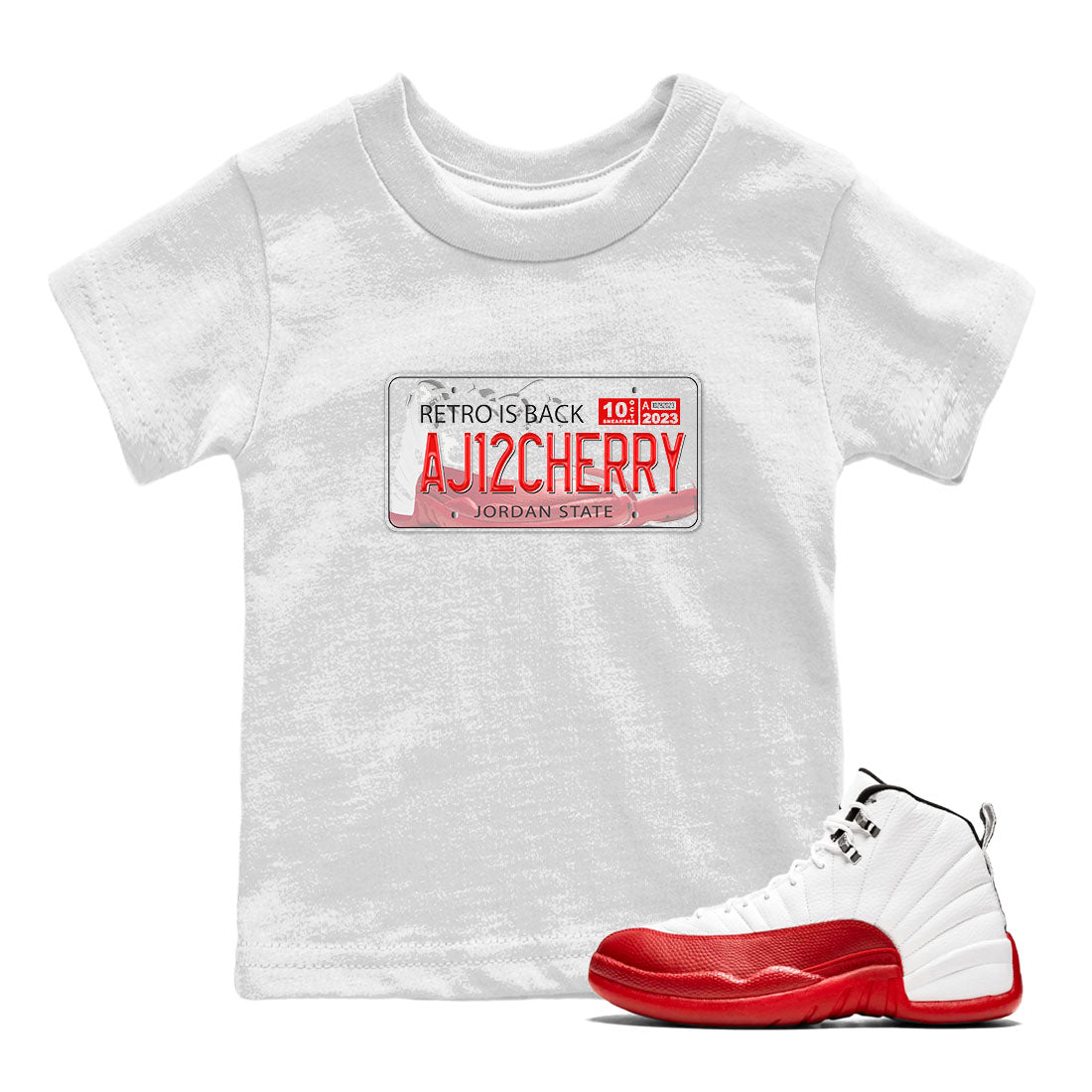 Jordan 12 Retro Cherry shirt to match jordans Varsity Red Jordan Plate special sneaker matching tees 12s Cherry Drip Gear Zone Baby Toddler White 1 T-Shirt