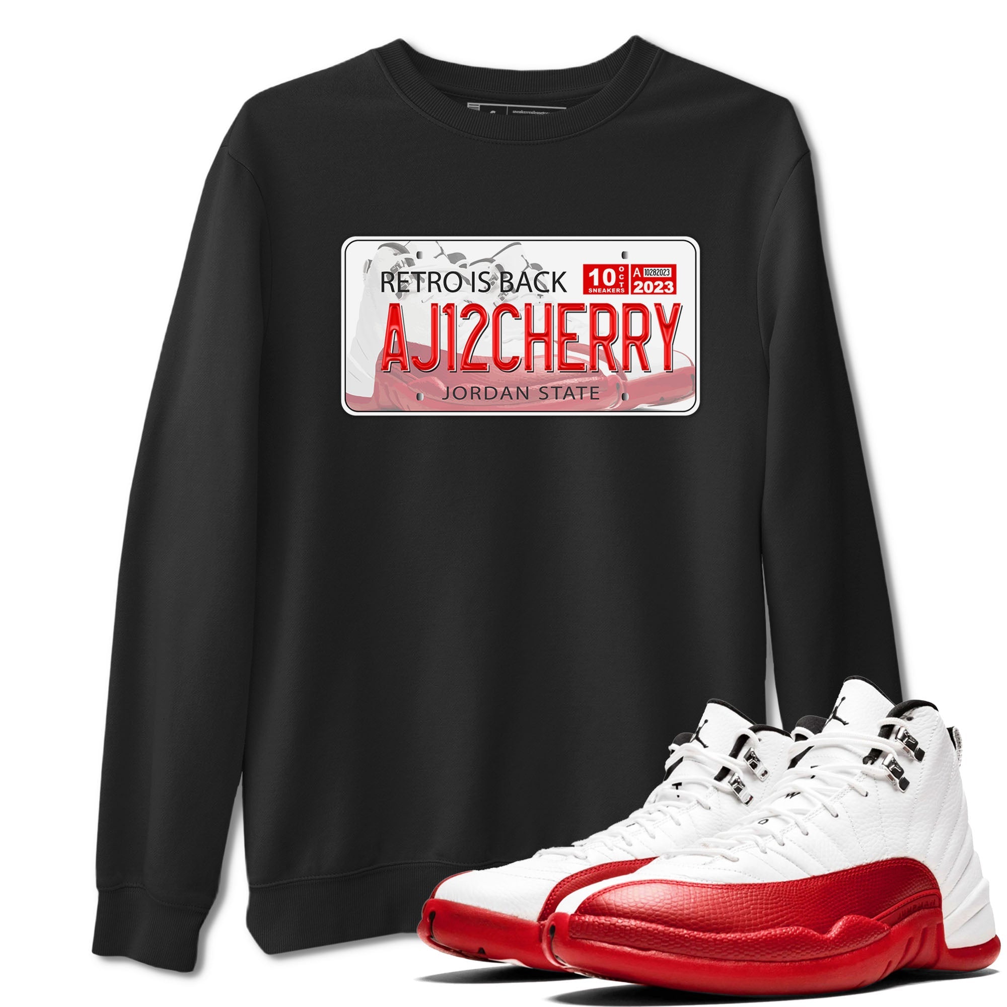 Jordan 12 Retro Cherry shirt to match jordans Varsity Red Jordan Plate special sneaker matching tees 12s Cherry Drip Gear Zone Unisex Black 1 T-Shirt