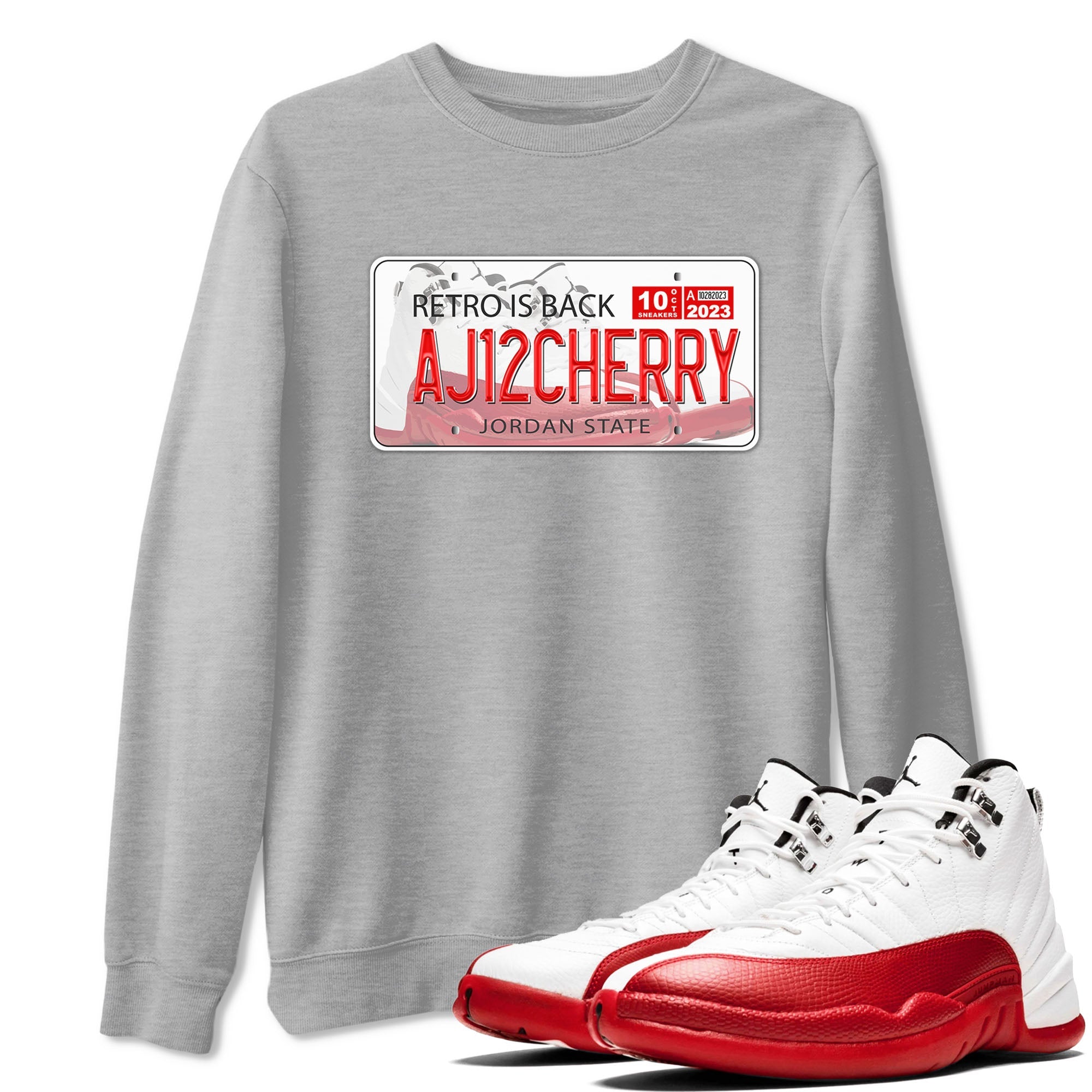 Jordan 12 Retro Cherry shirt to match jordans Varsity Red Jordan Plate special sneaker matching tees 12s Cherry Drip Gear Zone Unisex Heather Grey 1 T-Shirt