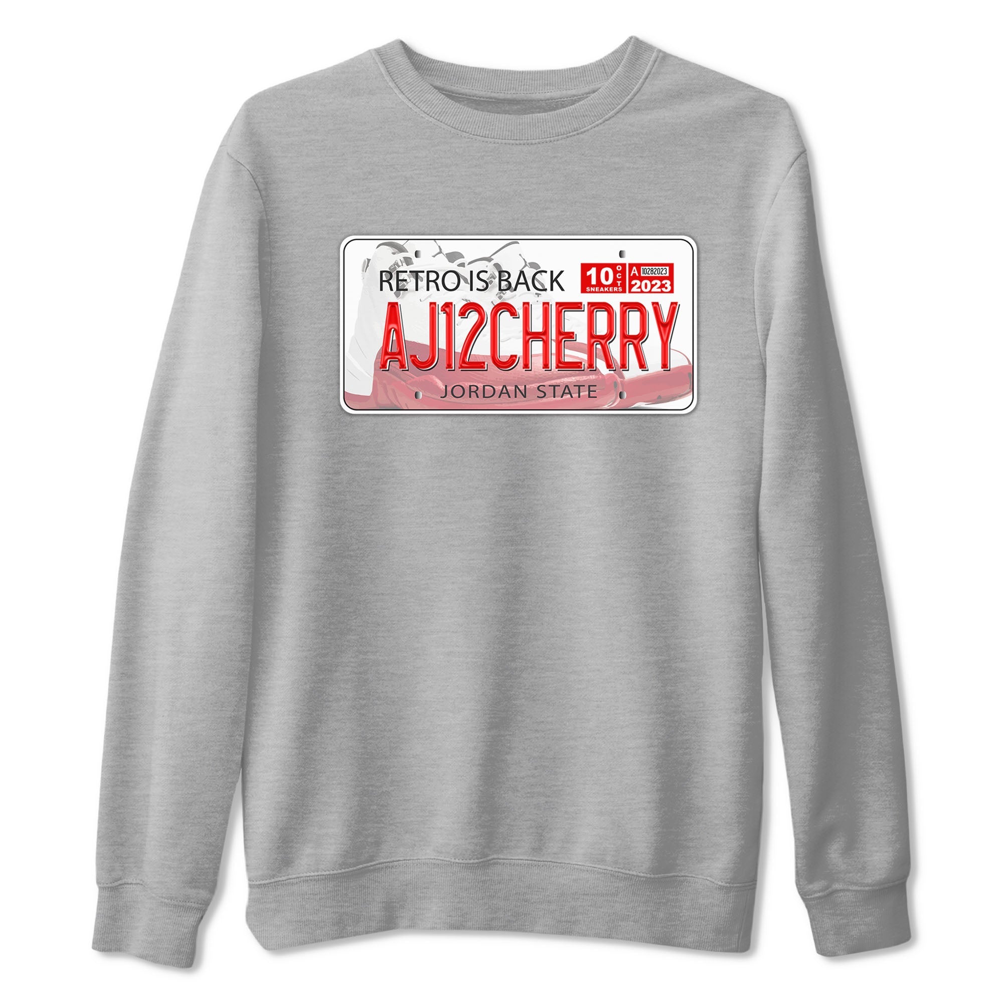 Jordan 12 Retro Cherry shirt to match jordans Varsity Red Jordan Plate special sneaker matching tees 12s Cherry Drip Gear Zone Unisex Heather Grey 2 T-Shirt