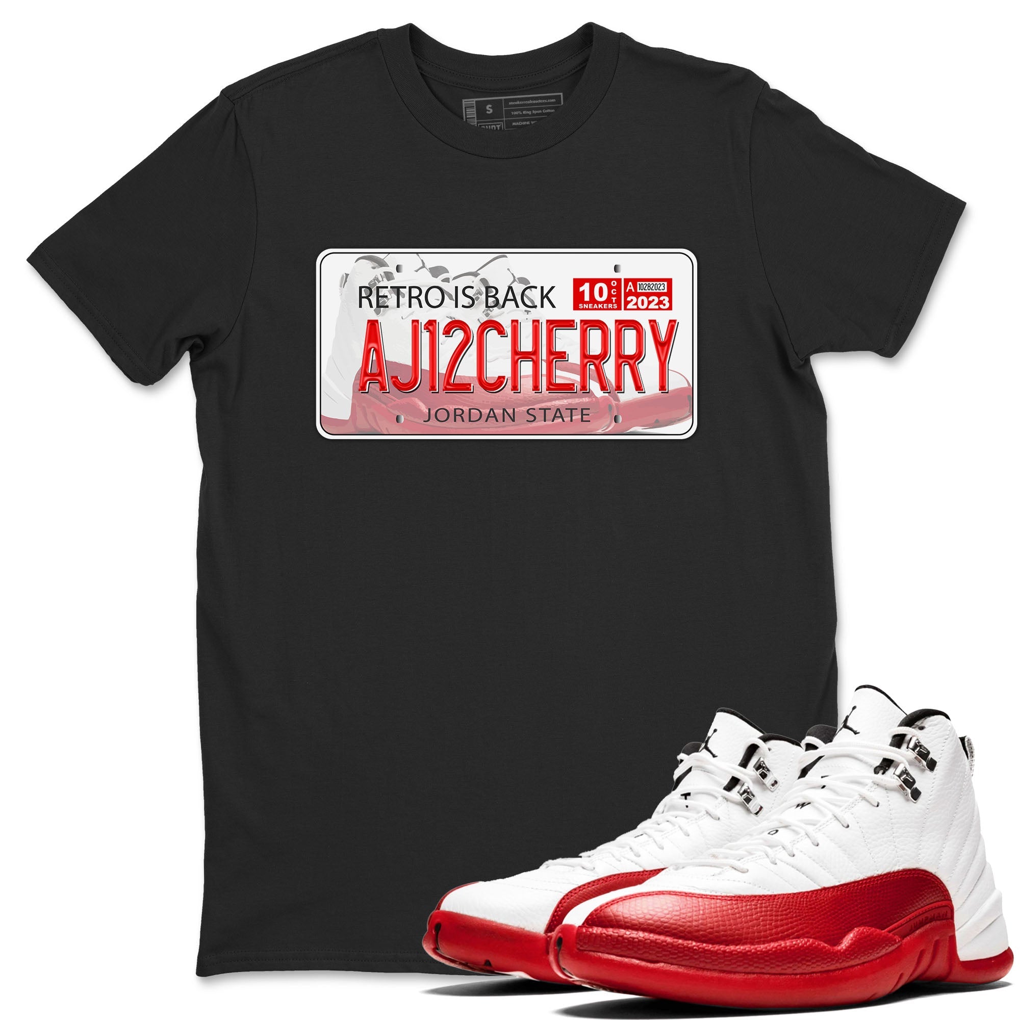 Jordan 12 Retro Cherry shirt to match jordans Varsity Red Jordan Plate special sneaker matching tees 12s Cherry Drip Gear Zone Unisex Black 1 T-Shirt