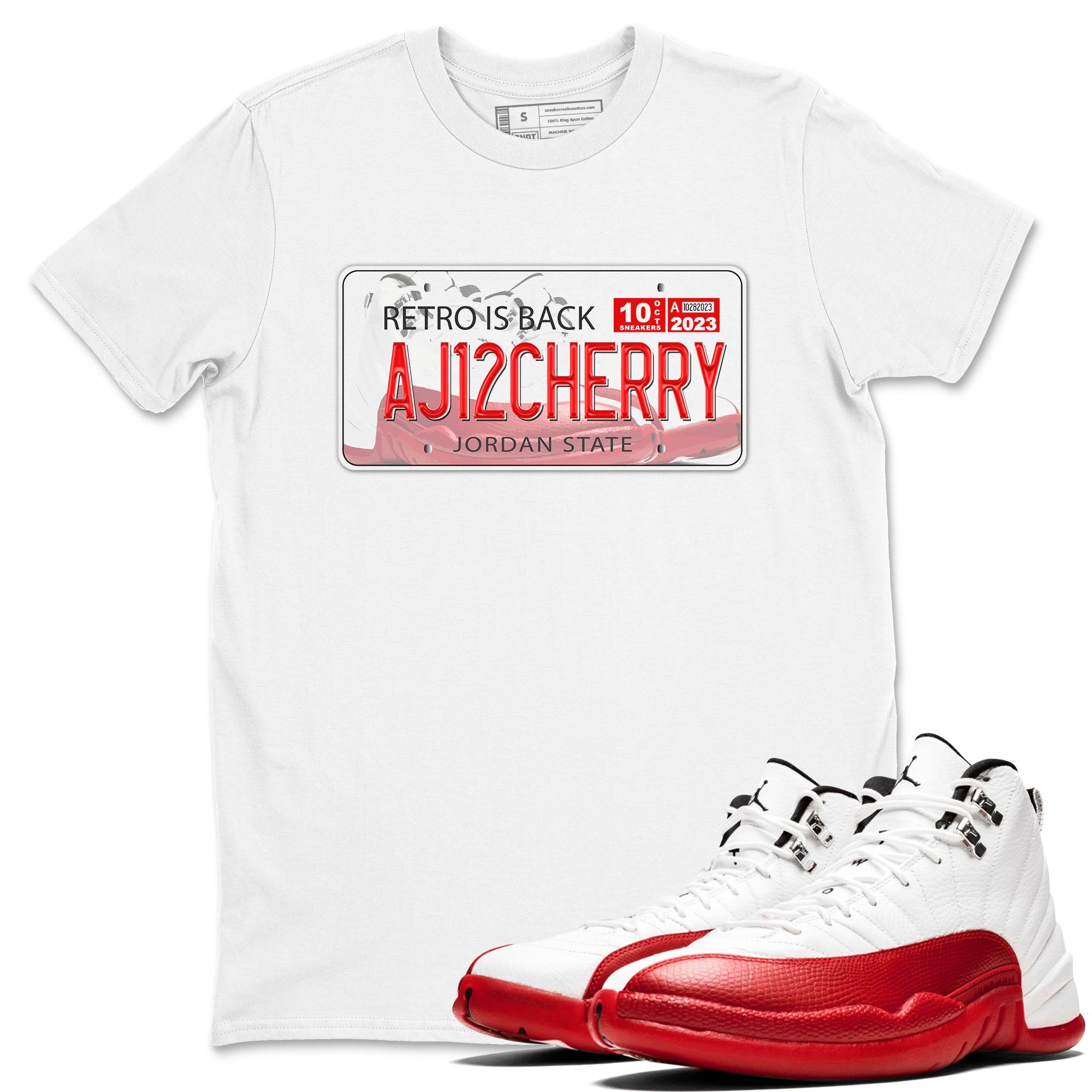 Jordan 12 Retro Cherry shirt to match jordans Varsity Red Jordan Plate special sneaker matching tees 12s Cherry Drip Gear Zone Unisex White 1 T-Shirt