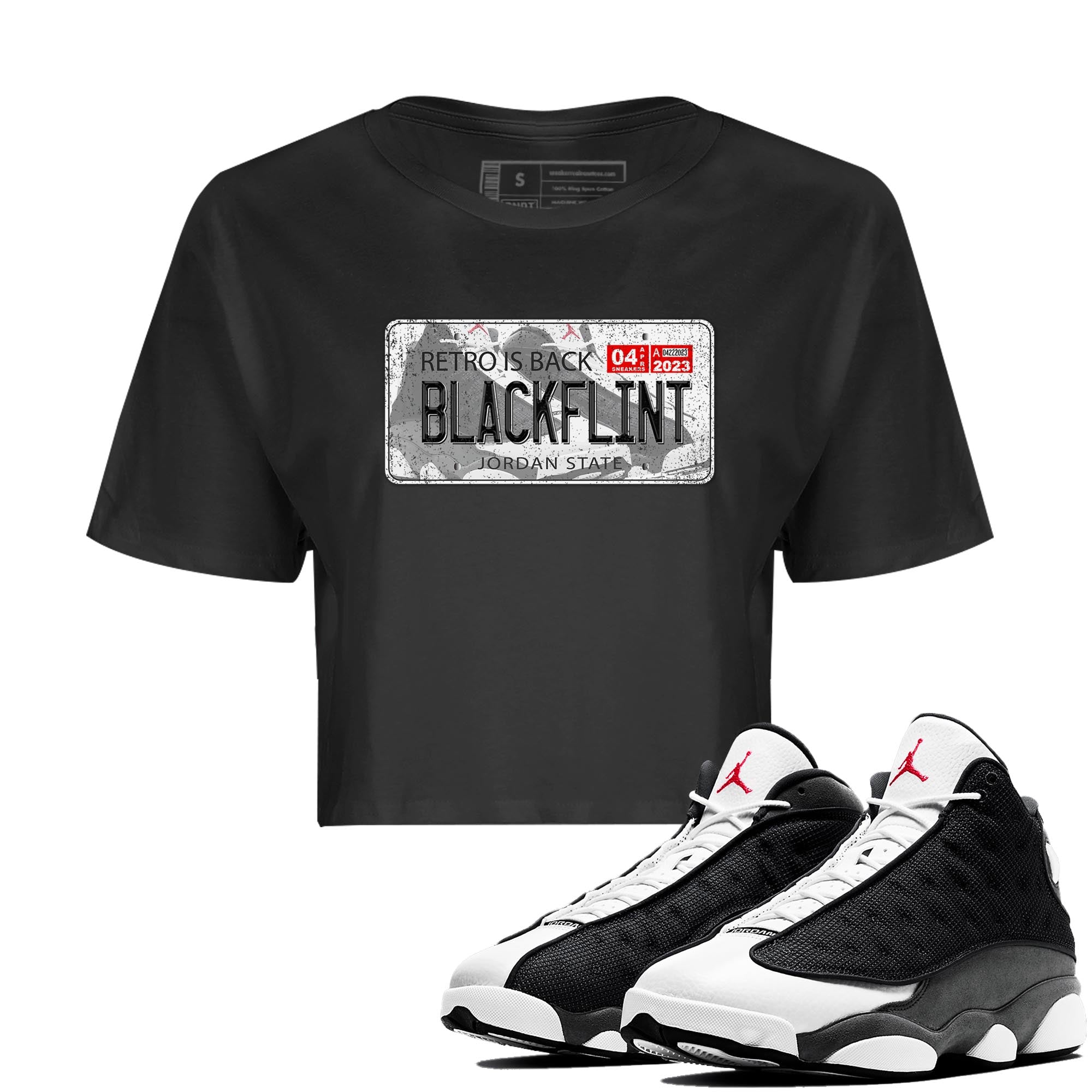Air Jordan 13 Black Flint Sneaker Match Tees Jordan Plate Streetwear Sneaker Shirt AJ 13s Black Flint Sneaker Release Tees Women's Shirts Black 1